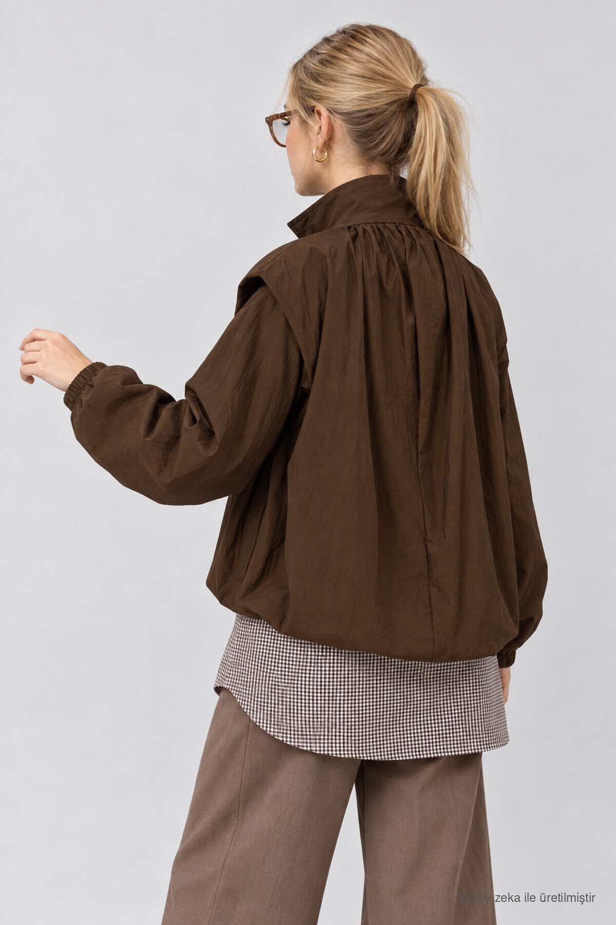 Dik Yaka Oversize Paraşüt Ceket KAHVERENGİ LBY0089
