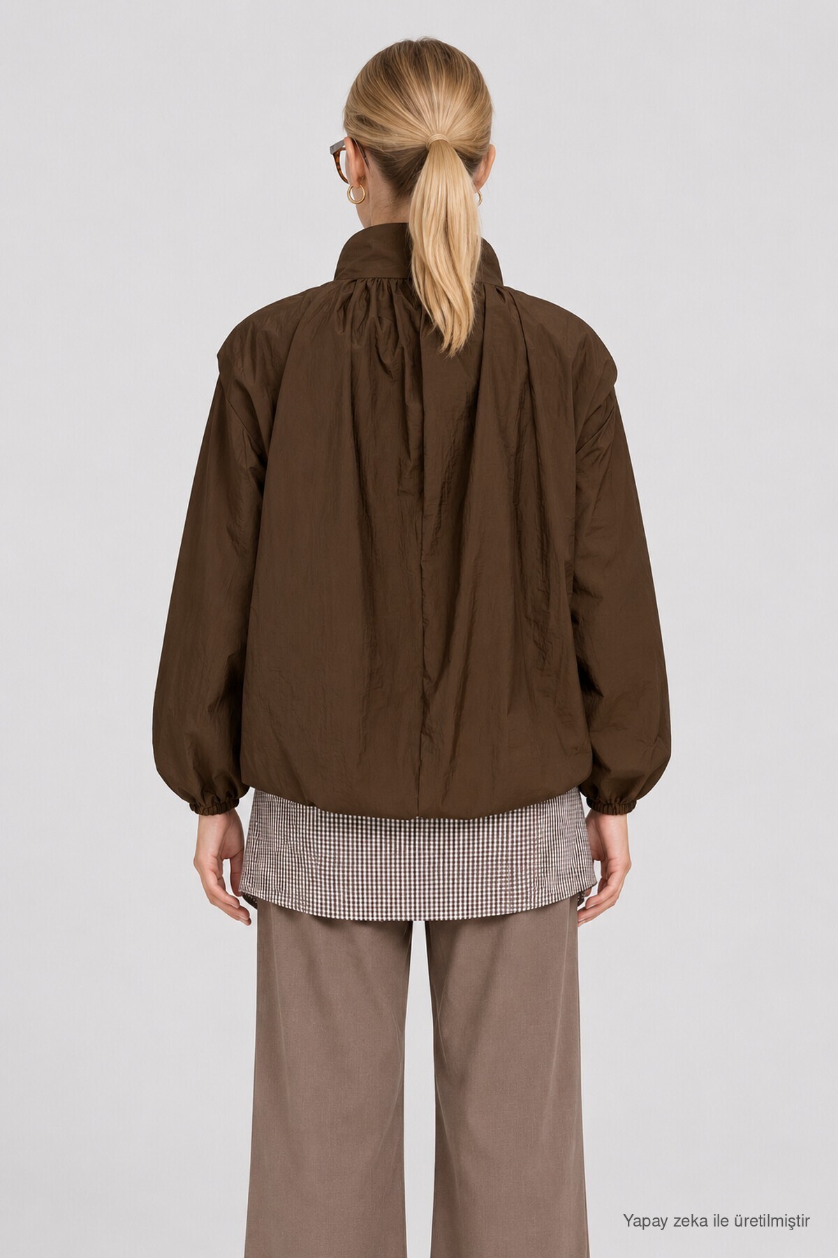 Dik Yaka Oversize Paraşüt Ceket KAHVERENGİ LBY0089