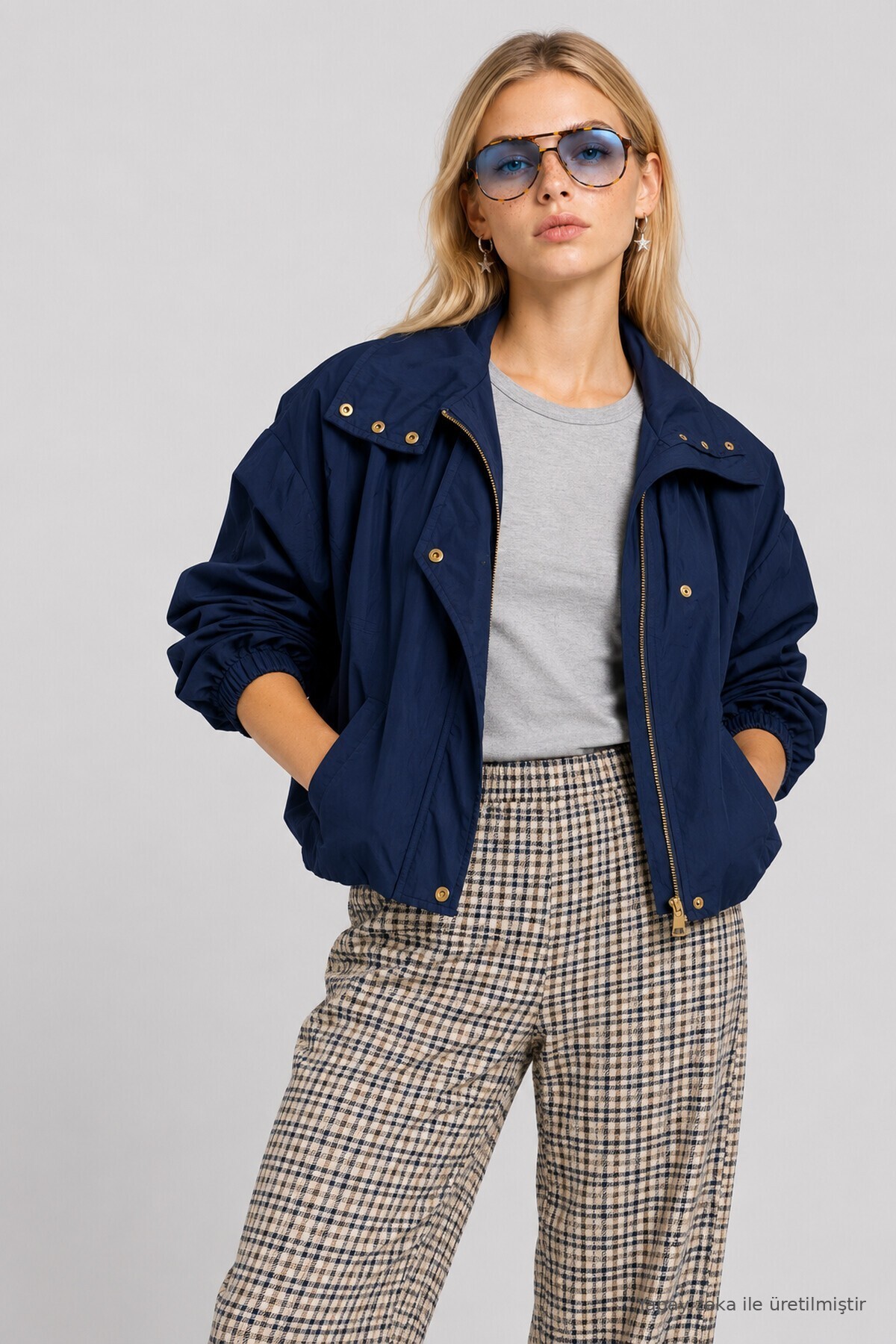 Dik Yaka Oversize Paraşüt Ceket LACİVERT LBY0089