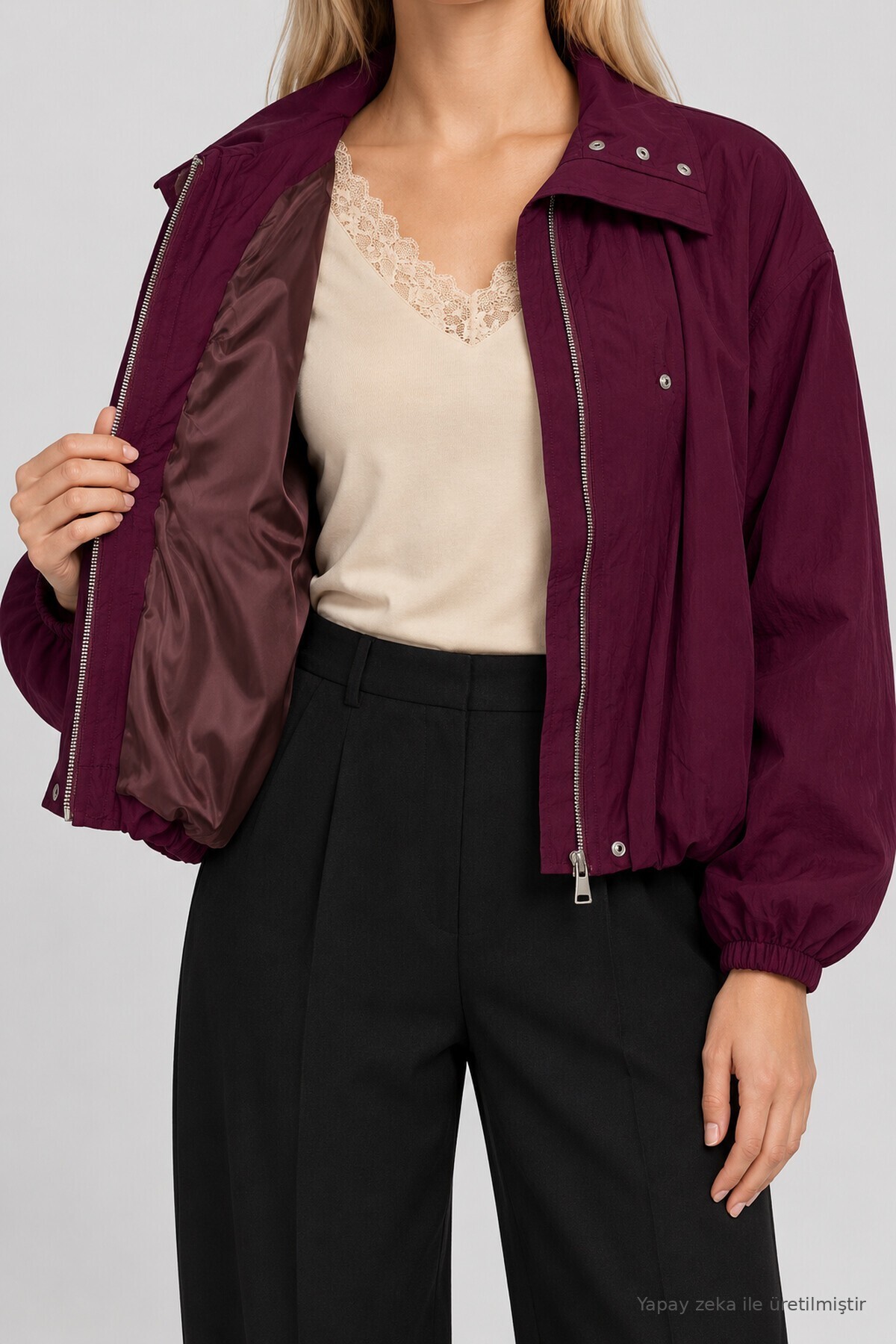 Dik Yaka Oversize Paraşüt Ceket MÜRDÜM LBY0089