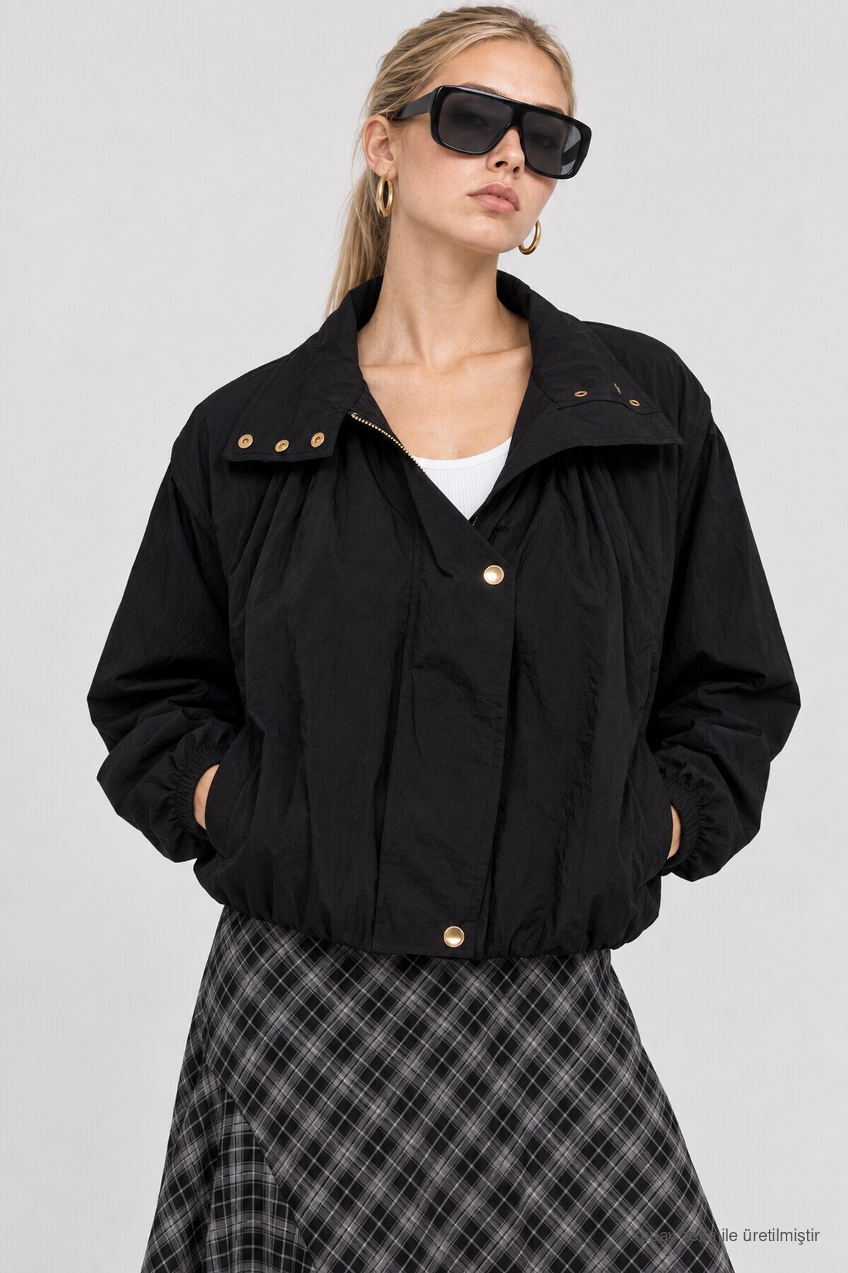 Dik Yaka Oversize Paraşüt Ceket SİYAH LBY0089
