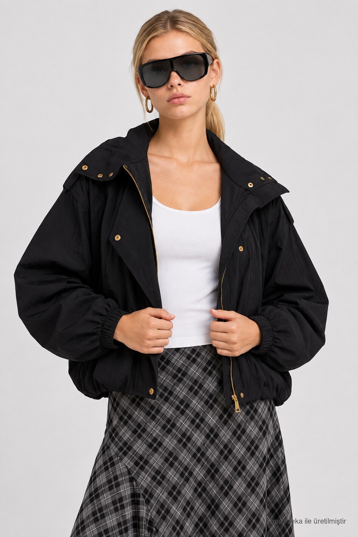 Dik Yaka Oversize Paraşüt Ceket SİYAH LBY0089