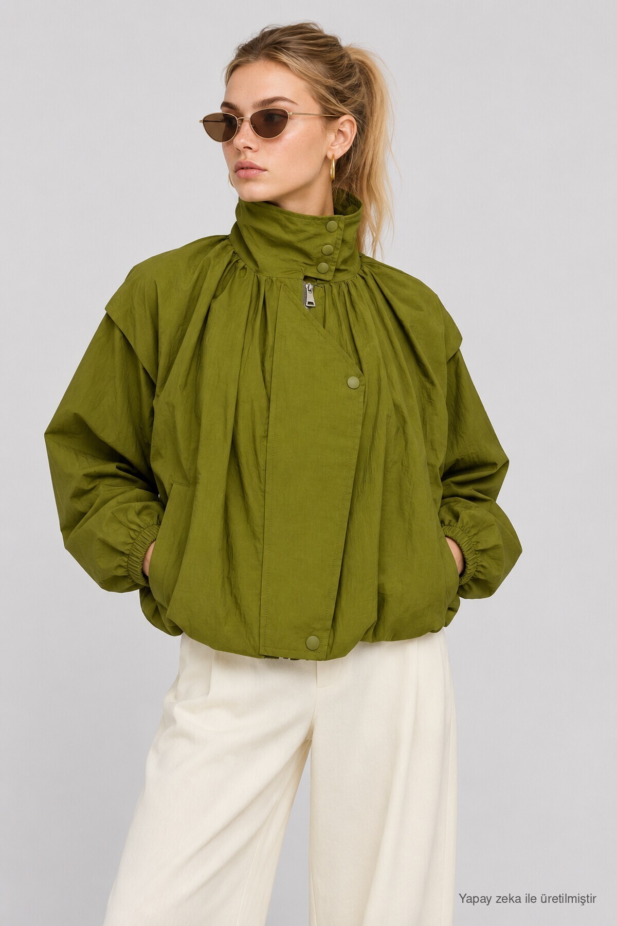 Dik Yaka Oversize Paraşüt Ceket YAĞ YEŞİLİ LBY0089