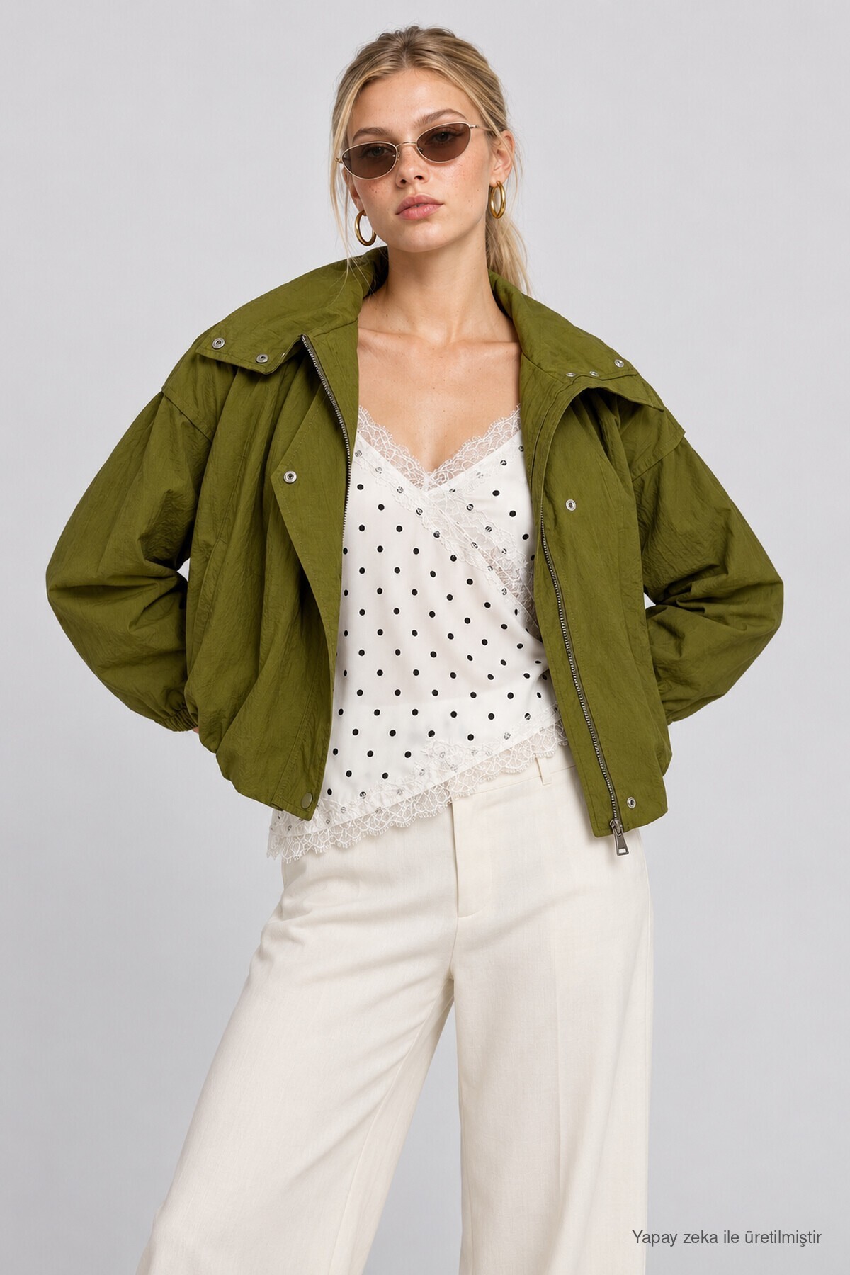 Dik Yaka Oversize Paraşüt Ceket YAĞ YEŞİLİ LBY0089