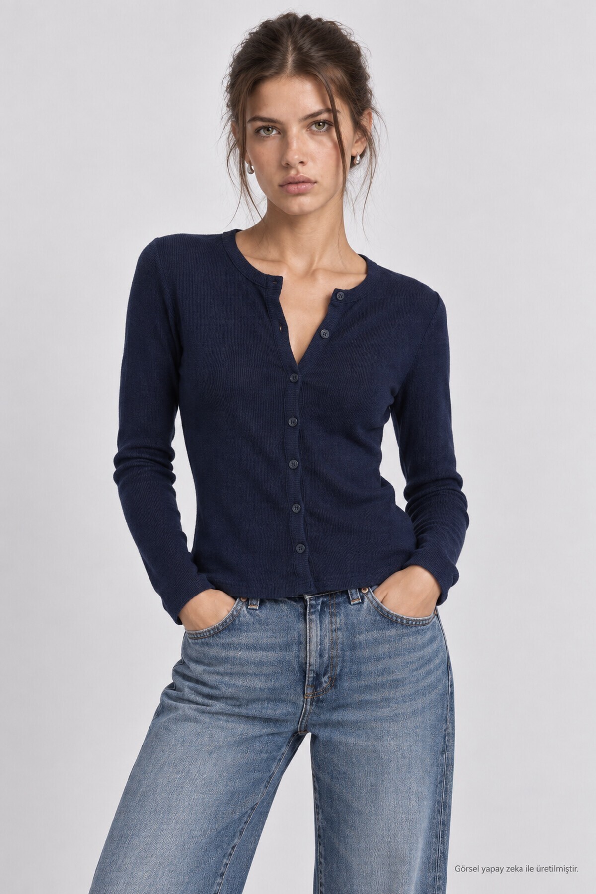 Düğmeli Basic Fitili Örme Hırka LACİVERT LRN0001