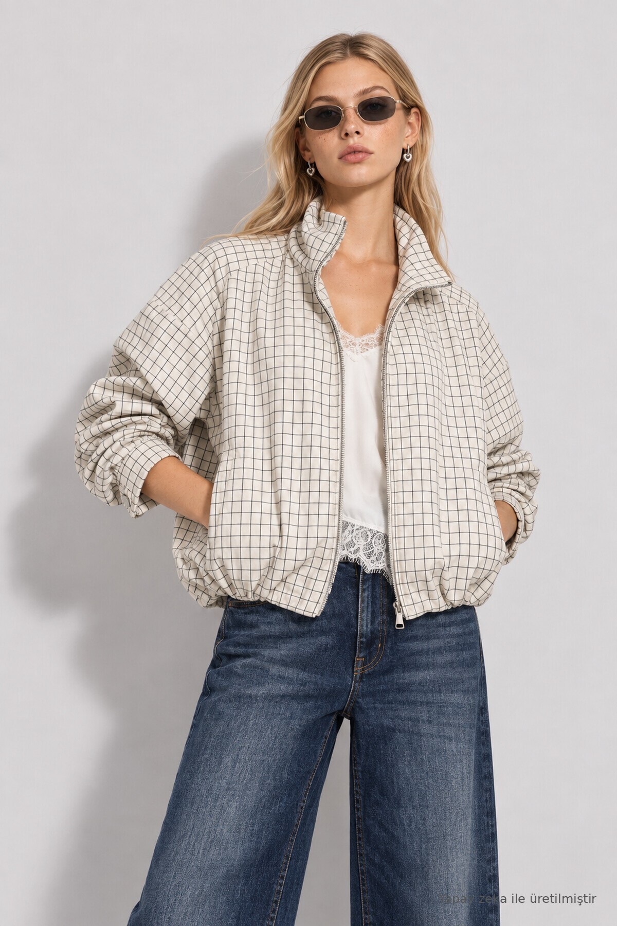 Ekose Desenli Bomber Ceket KEMİK LACİVERT LAZ0021