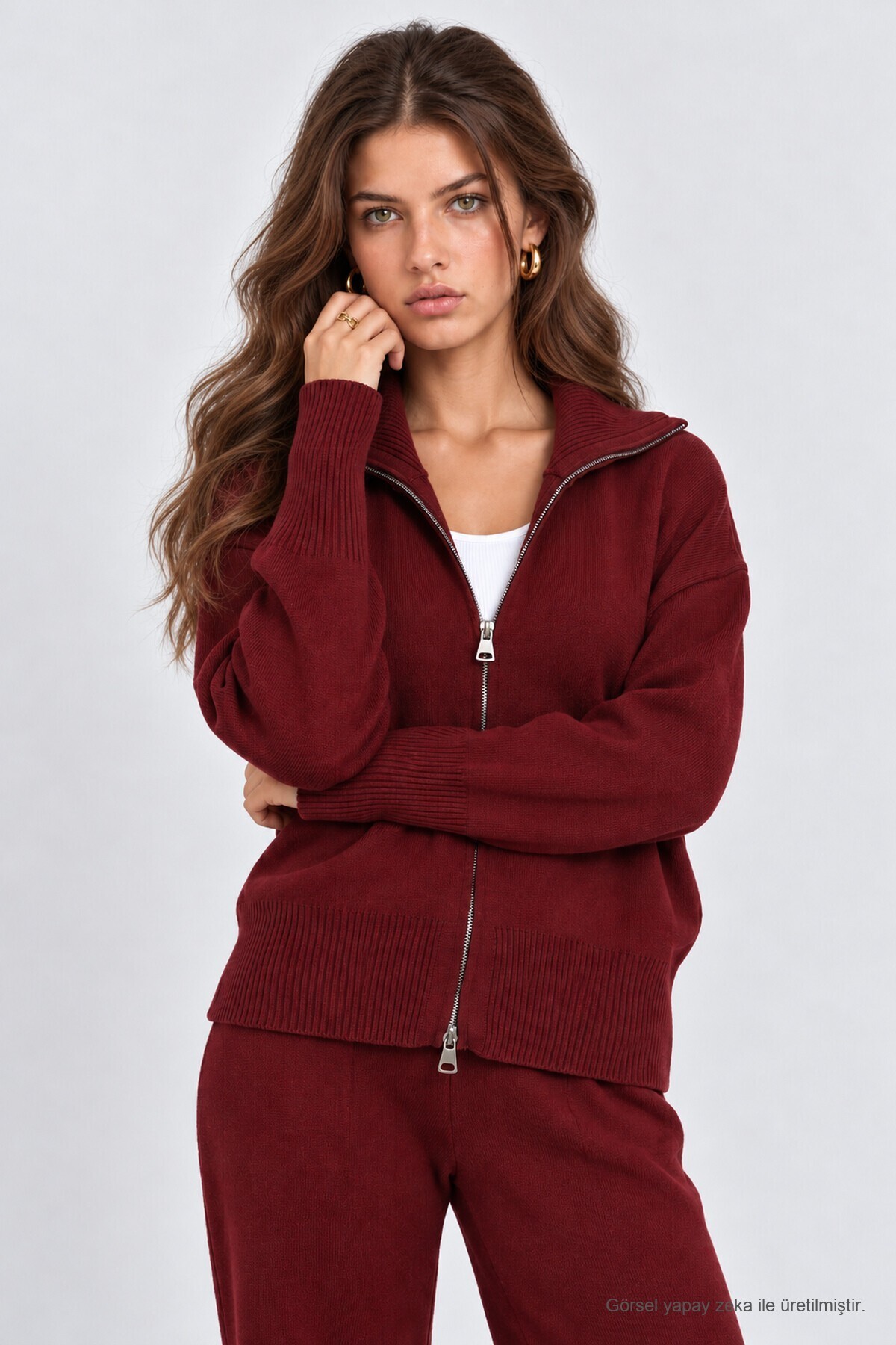 Fermuarlı Hırka Pantolon Triko Takım BORDO LAN0077