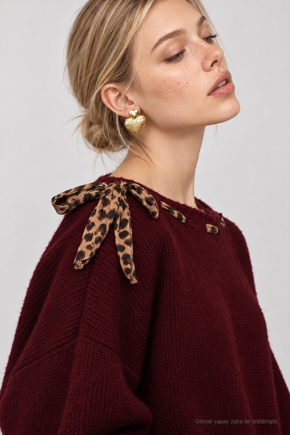 Fular Detaylı Oversize Triko Kazak BORDO LKR0001