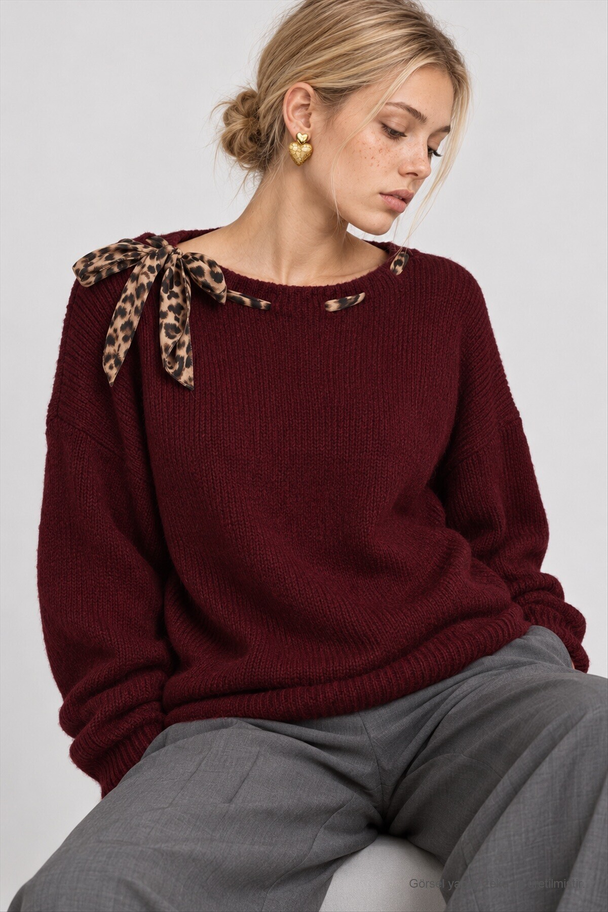 Fular Detaylı Oversize Triko Kazak BORDO LKR0001