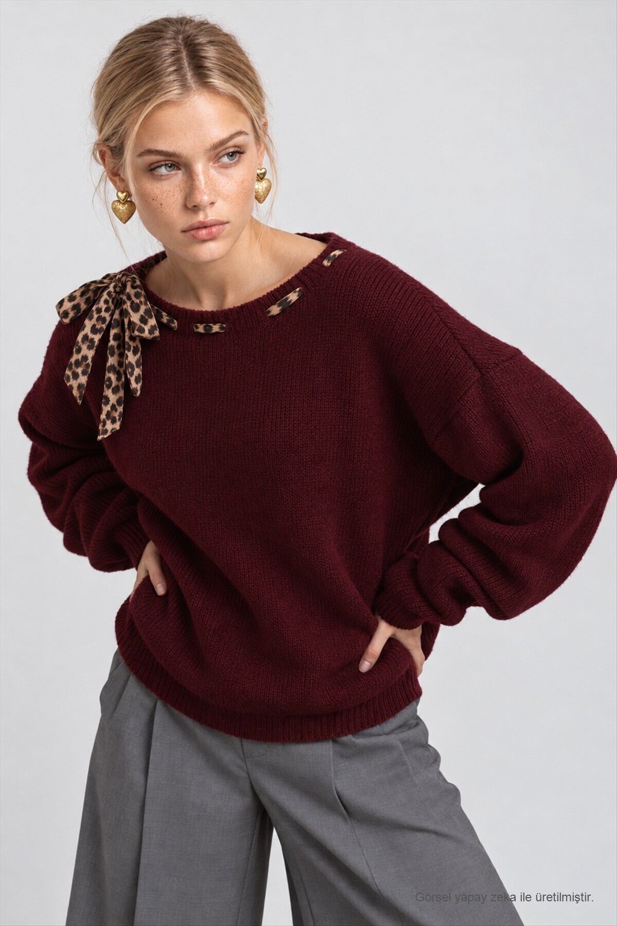 Fular Detaylı Oversize Triko Kazak BORDO LKR0001