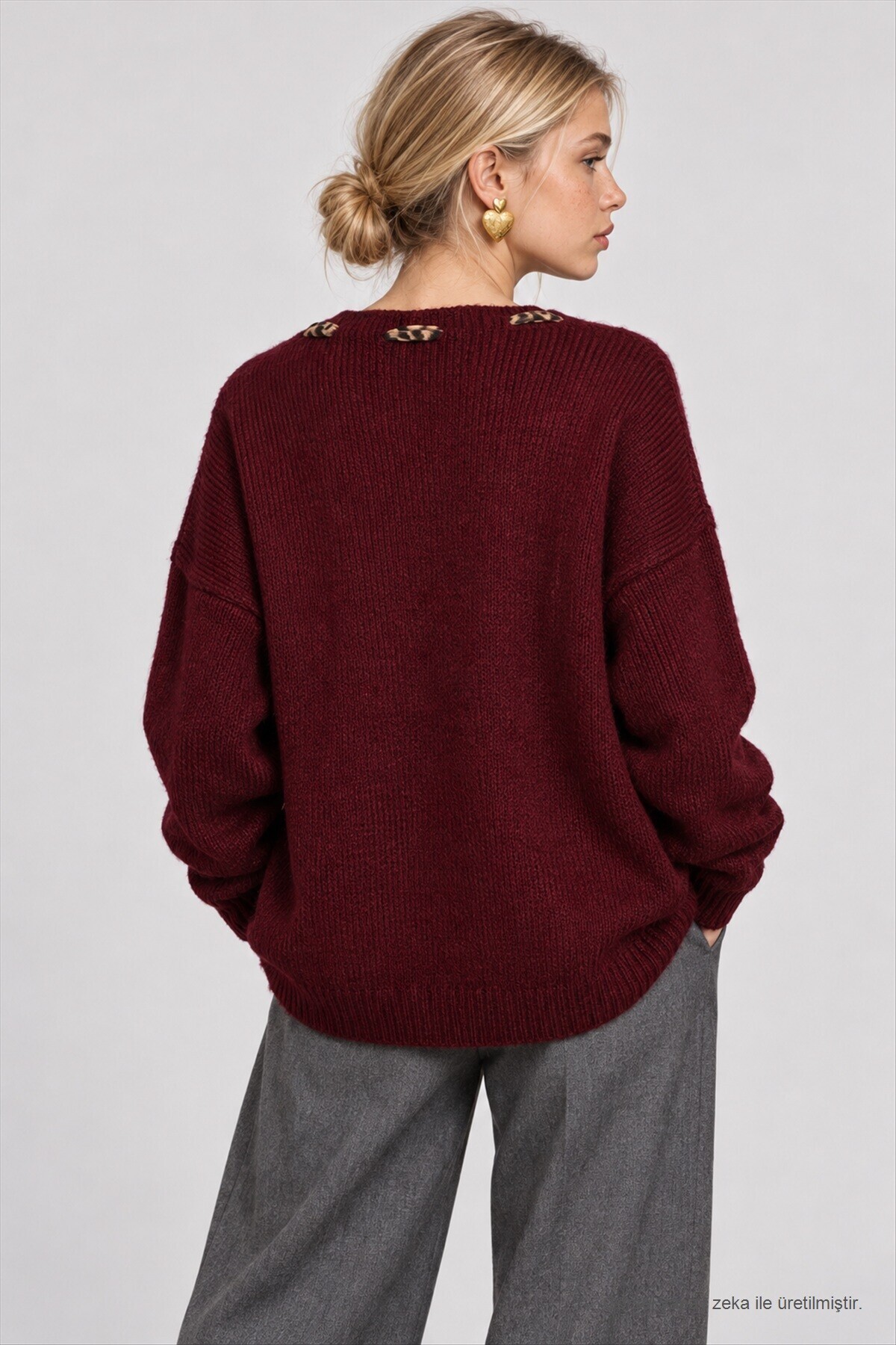 Fular Detaylı Oversize Triko Kazak BORDO LKR0001