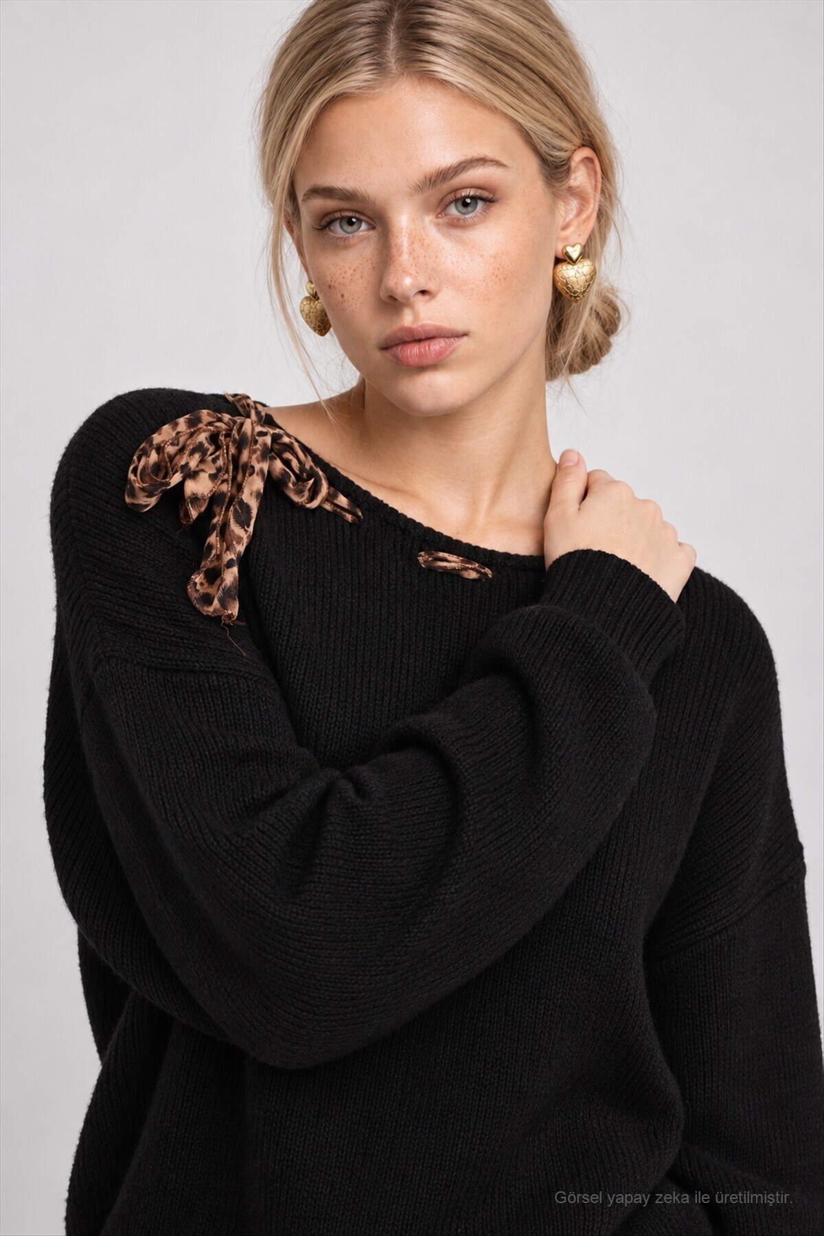 Fular Detaylı Oversize Triko Kazak SİYAH LKR0001