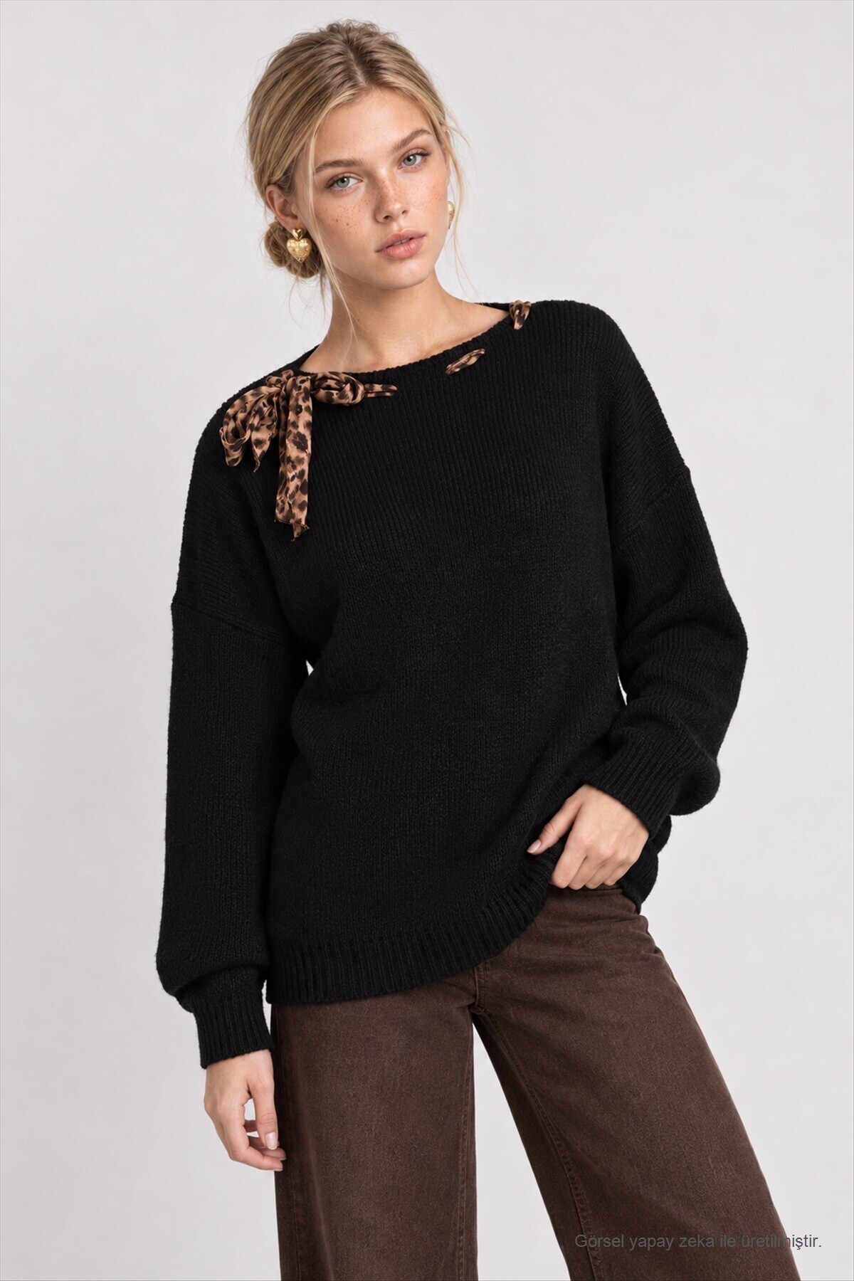 Fular Detaylı Oversize Triko Kazak SİYAH LKR0001
