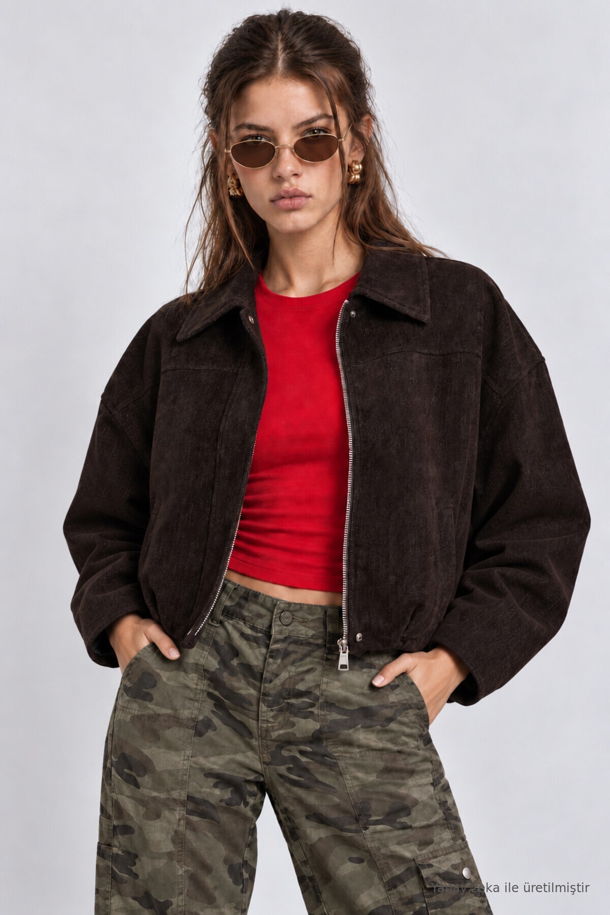 Kadife Dokulu Premium Selection Bomber Ceket KAHVERENGİ LBY0097