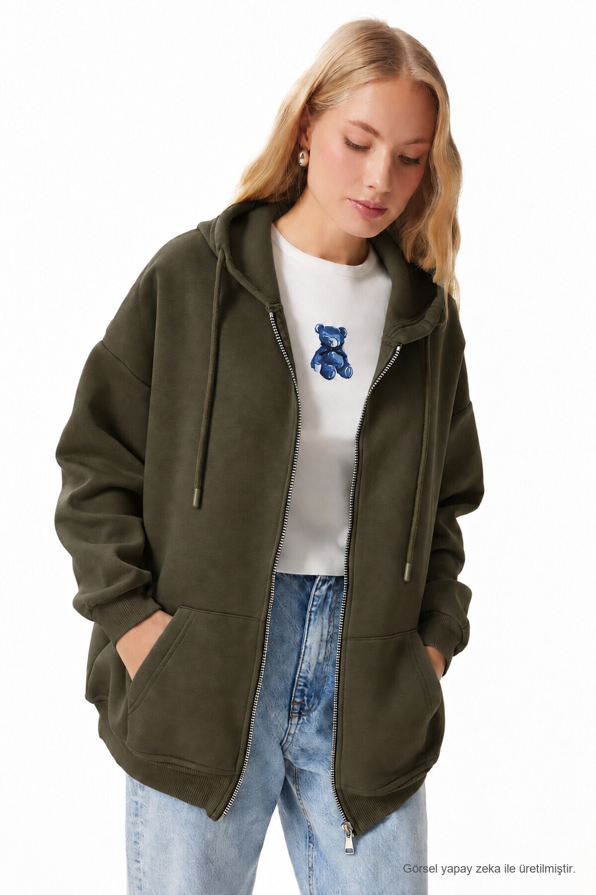 Kapüşonlu Fermuarlı Oversize Şardonlu Örme  Sweatshirt HAKİ LUB0002