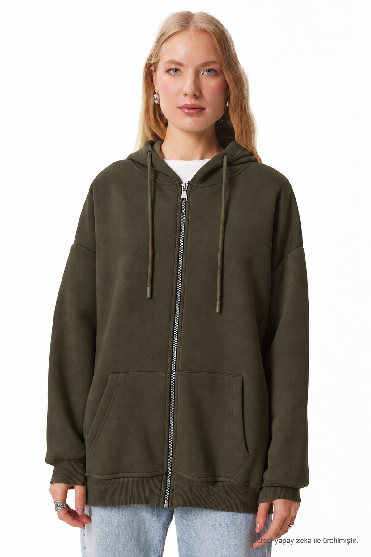 Kapüşonlu Fermuarlı Oversize Şardonlu Örme  Sweatshirt HAKİ LUB0002