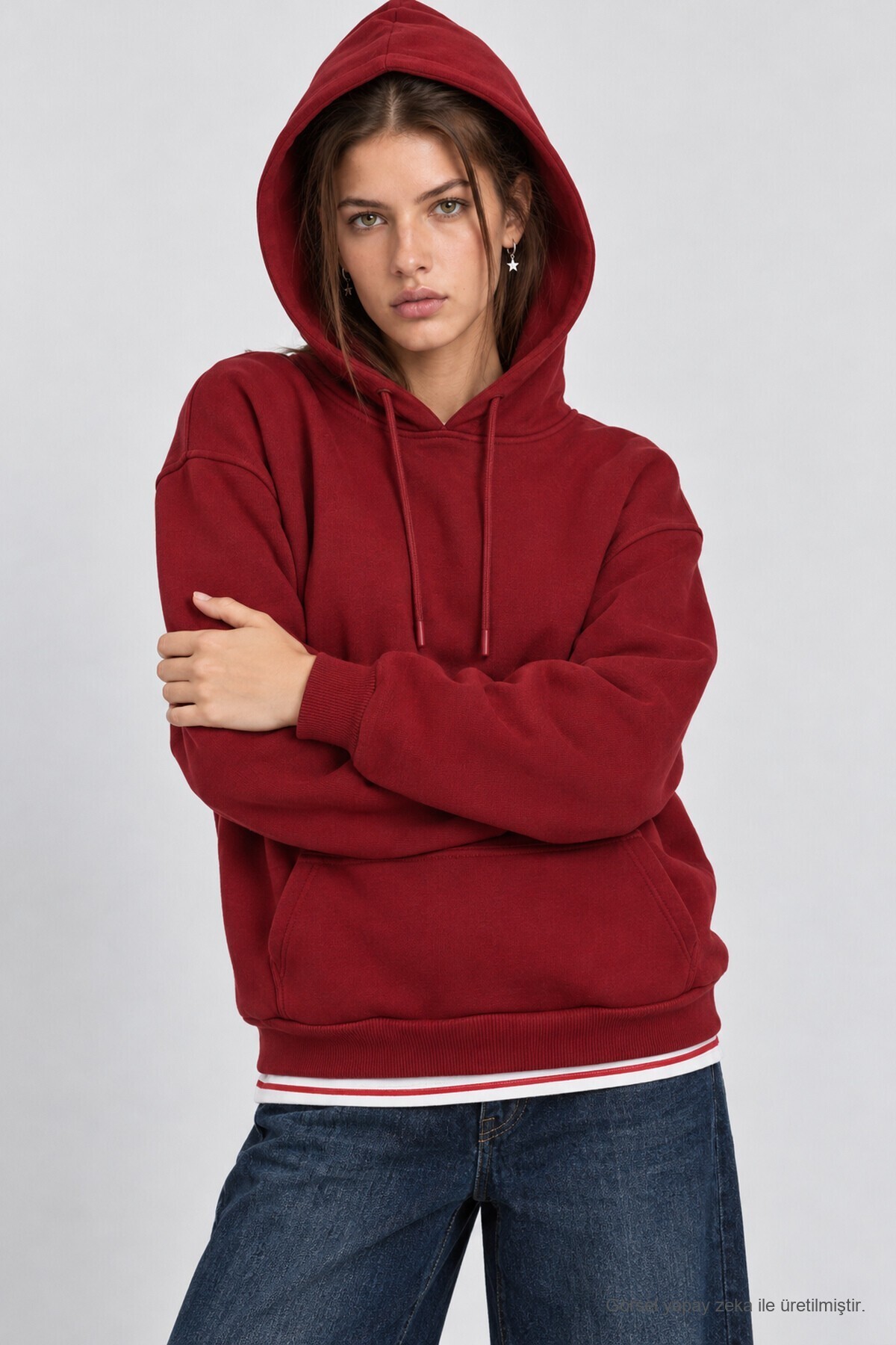 Kapüşonlu Oversize Şardonlu Örme Sweatshirt BORDO LEN0042