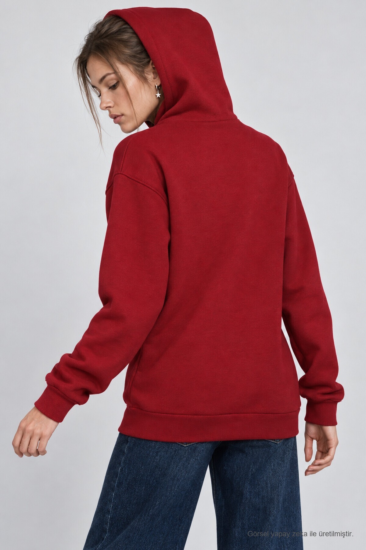 Kapüşonlu Oversize Şardonlu Örme Sweatshirt BORDO LEN0042