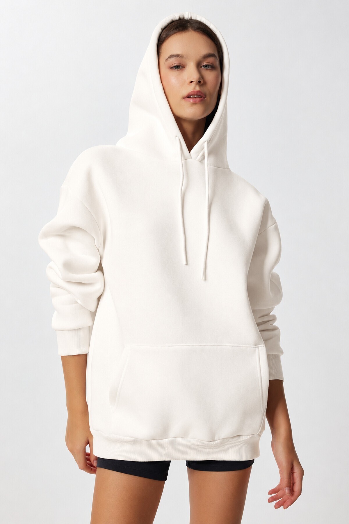 Kapüşonlu Oversize Şardonlu Örme Sweatshirt EKRU LEN0042
