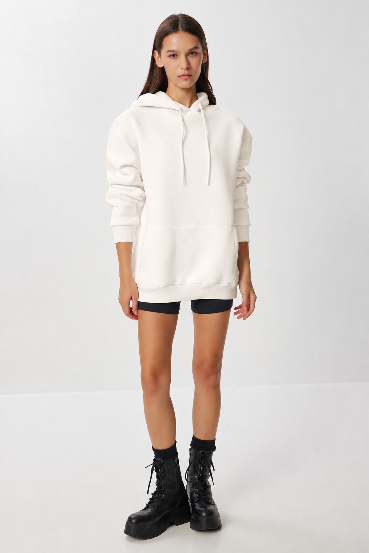 Kapüşonlu Oversize Şardonlu Örme Sweatshirt EKRU LEN0042