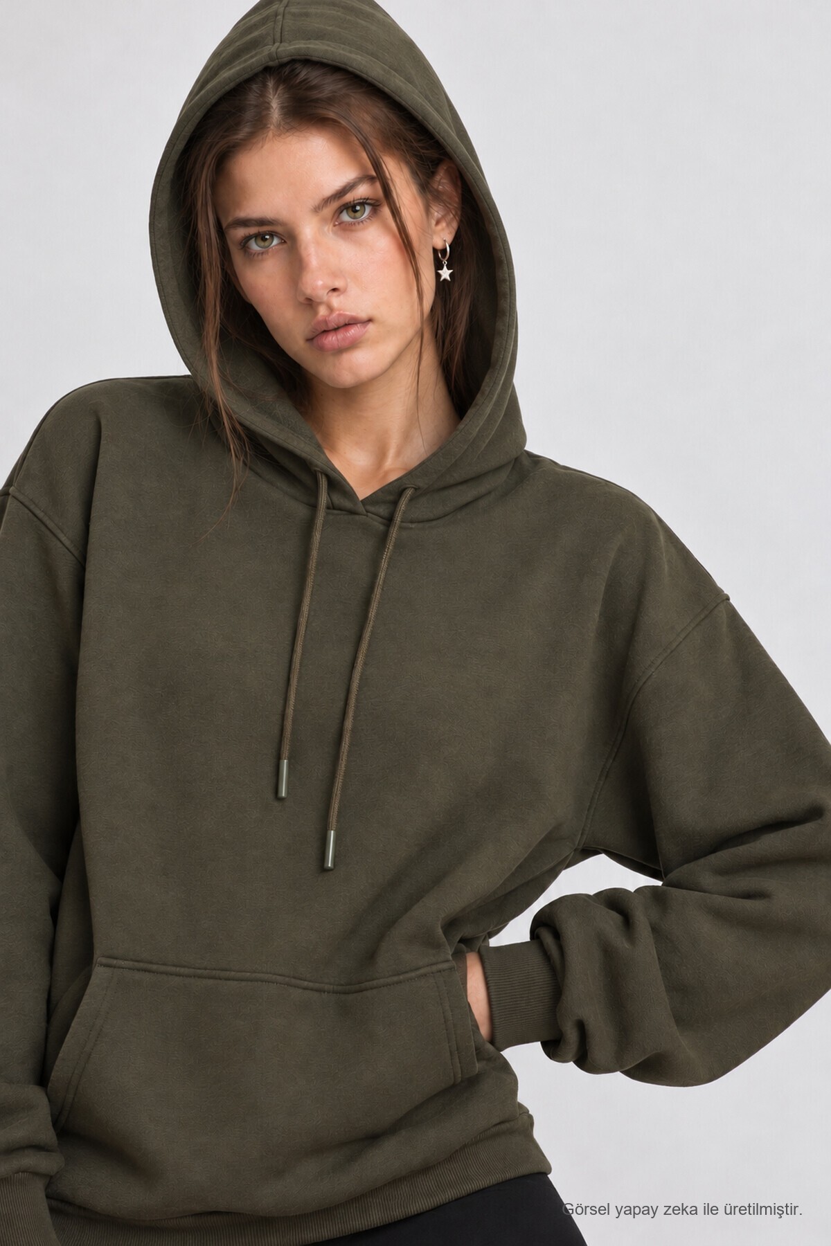 Kapüşonlu Oversize Şardonlu Örme Sweatshirt HAKİ LEN0042