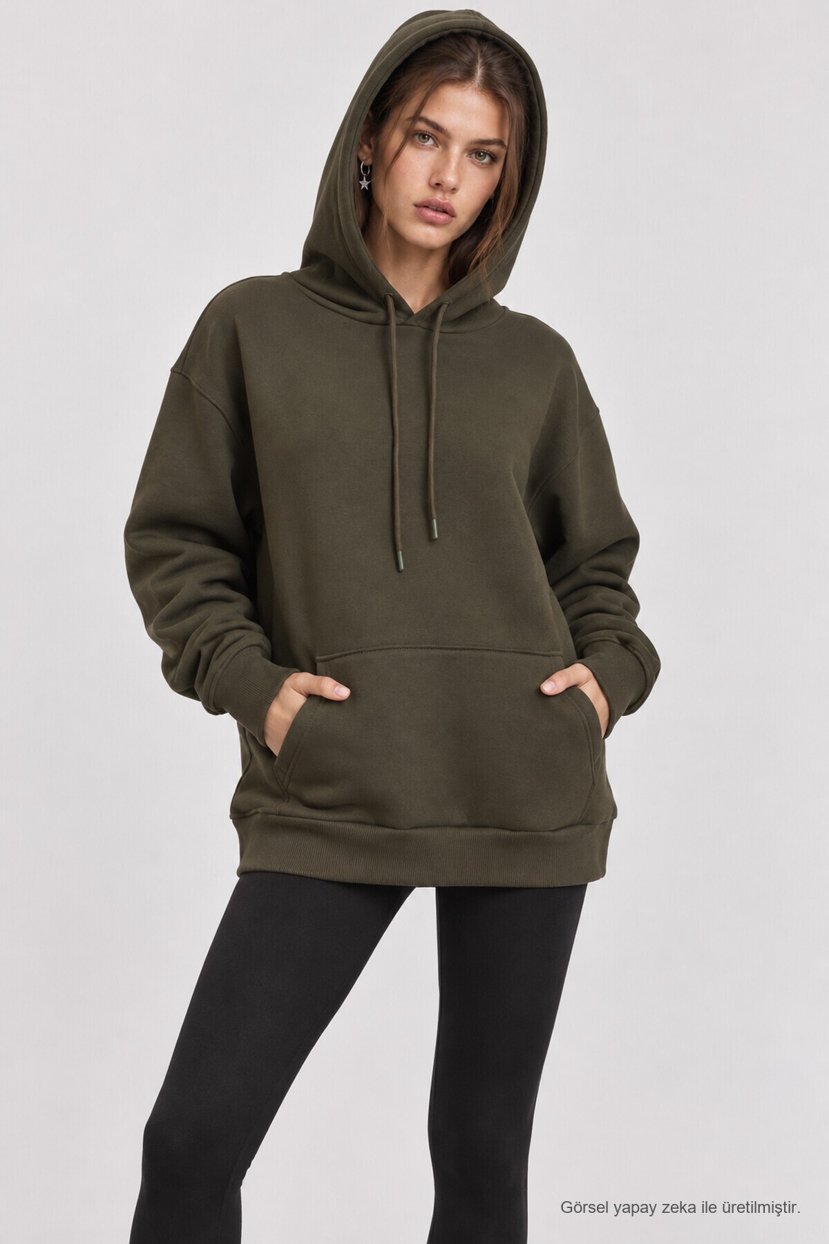 Kapüşonlu Oversize Şardonlu Örme Sweatshirt HAKİ LEN0042