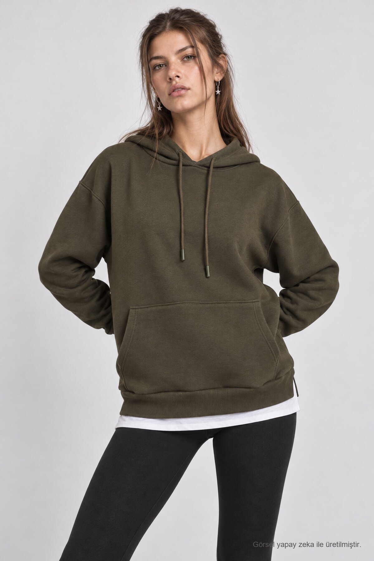 Kapüşonlu Oversize Şardonlu Örme Sweatshirt HAKİ LEN0042