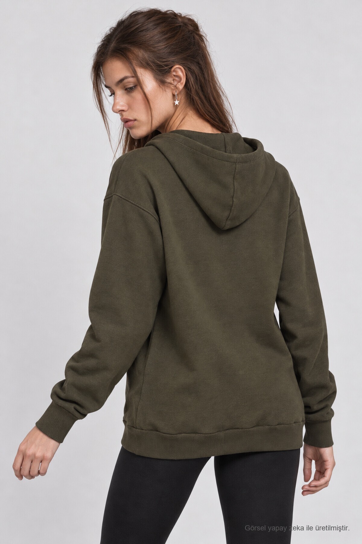 Kapüşonlu Oversize Şardonlu Örme Sweatshirt HAKİ LEN0042