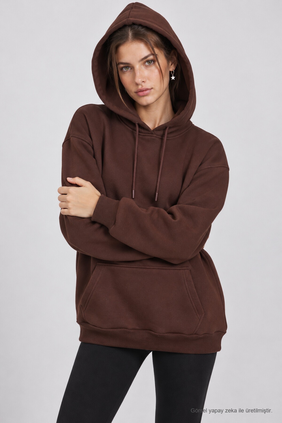 Kapüşonlu Oversize Şardonlu Örme Sweatshirt KAHVERENGİ LEN0042