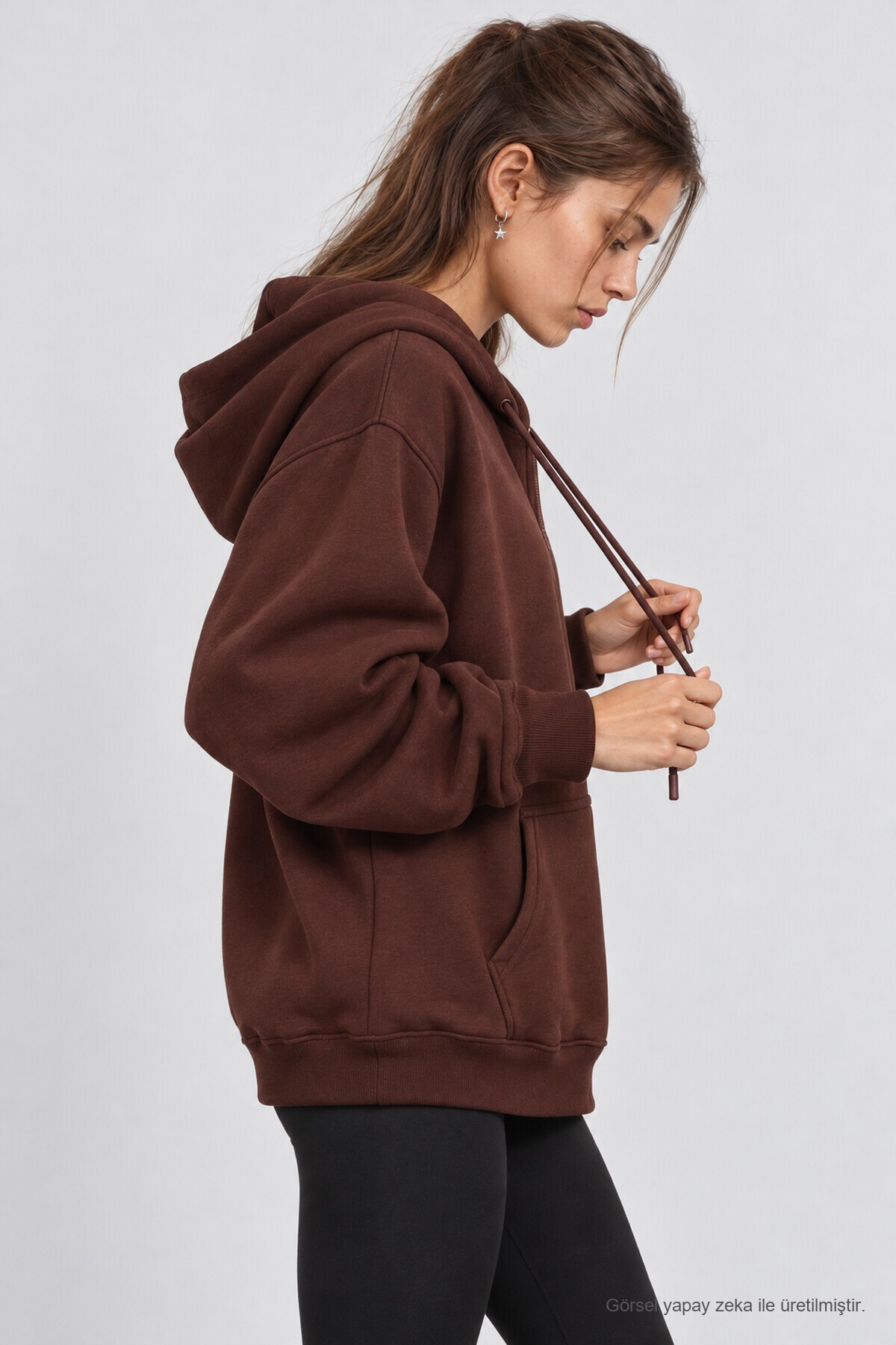 Kapüşonlu Oversize Şardonlu Örme Sweatshirt KAHVERENGİ LEN0042