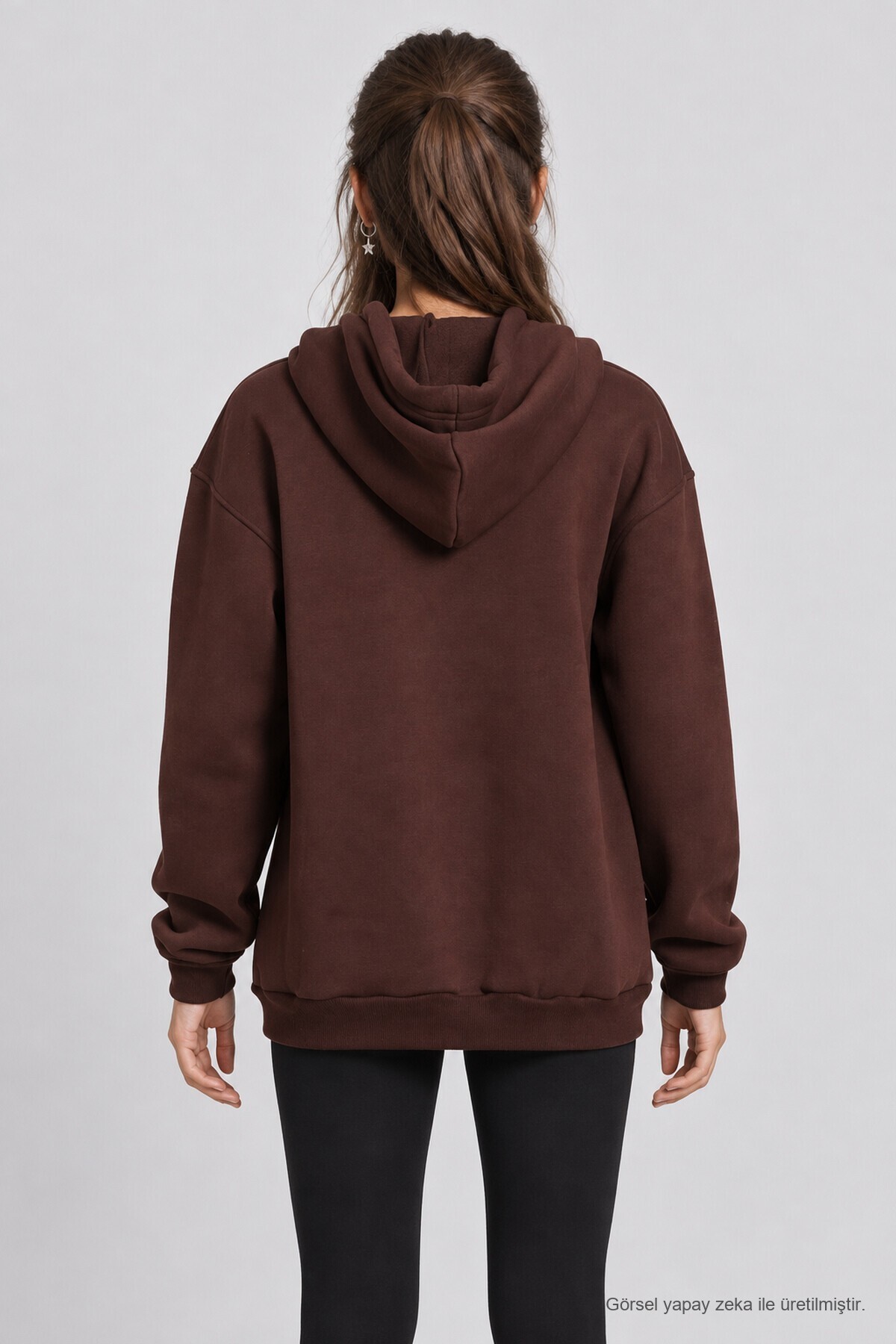 Kapüşonlu Oversize Şardonlu Örme Sweatshirt KAHVERENGİ LEN0042