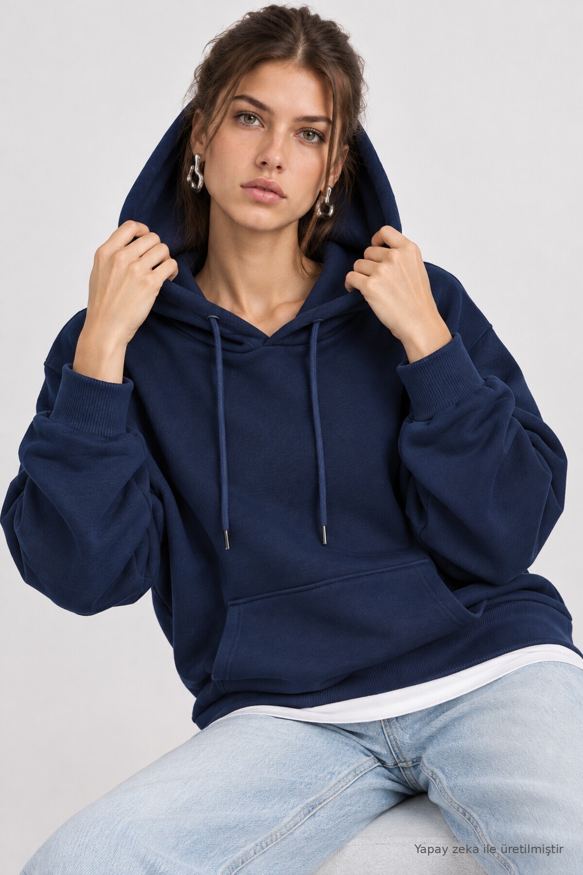 Kapüşonlu Oversize Şardonlu Örme Sweatshirt LACİVERT LEN0042