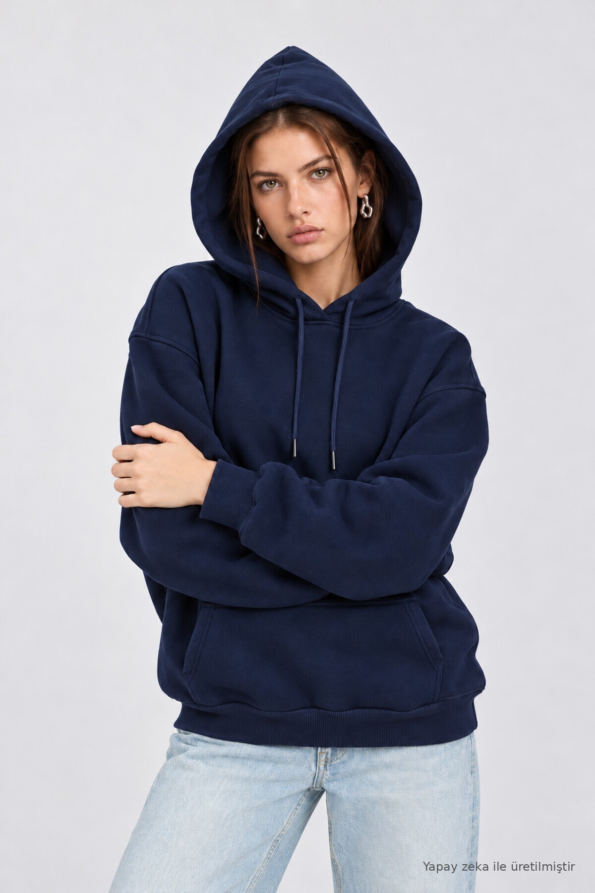 Kapüşonlu Oversize Şardonlu Örme Sweatshirt LACİVERT LEN0042
