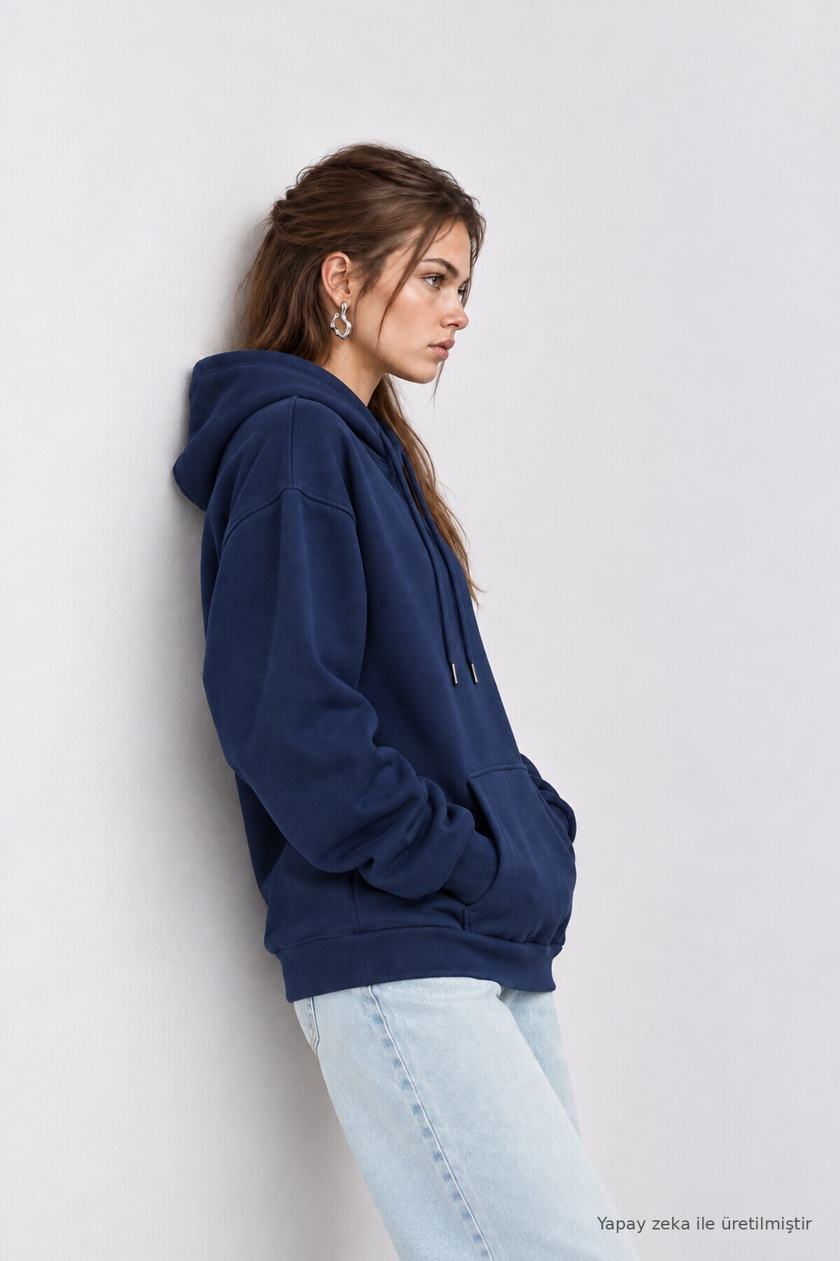 Kapüşonlu Oversize Şardonlu Örme Sweatshirt LACİVERT LEN0042