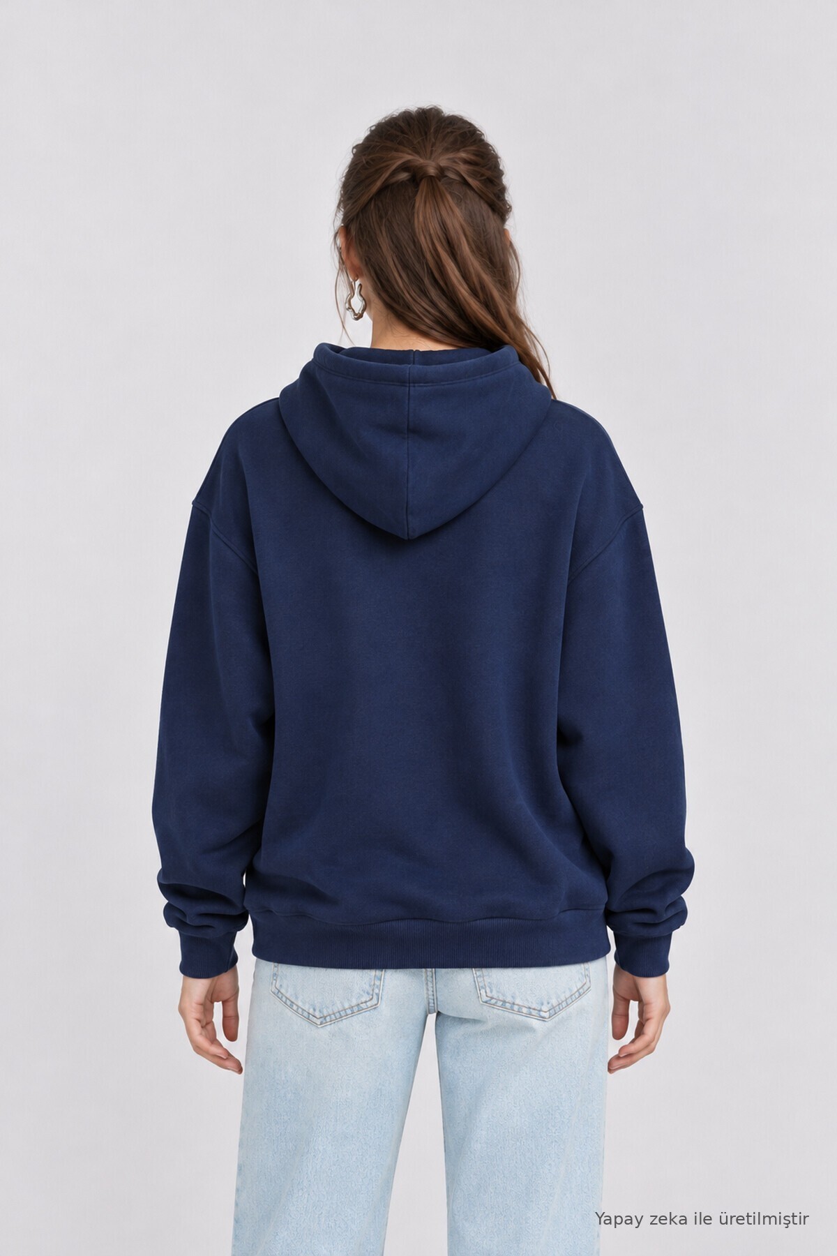 Kapüşonlu Oversize Şardonlu Örme Sweatshirt LACİVERT LEN0042