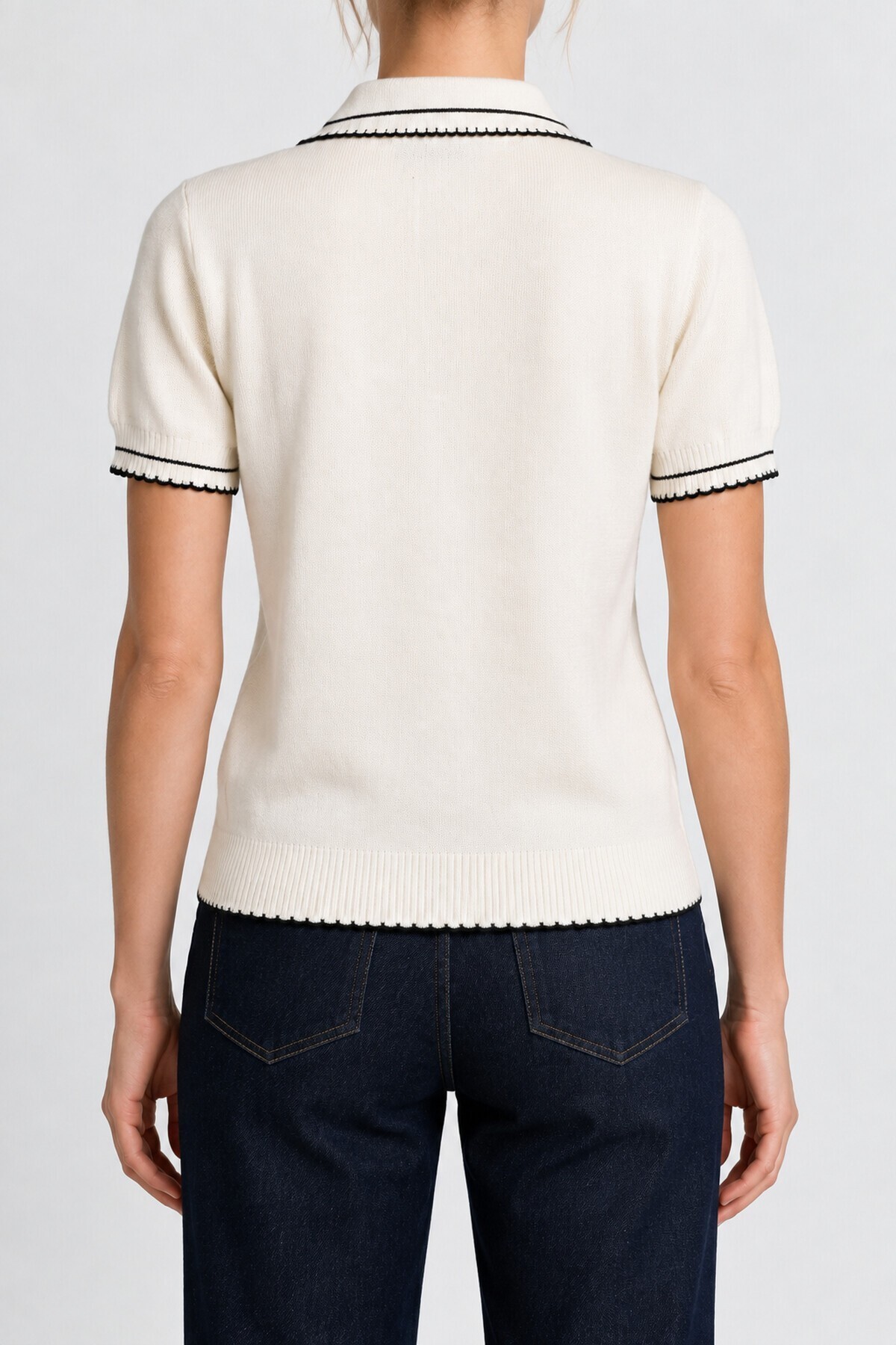 Kontrast Şeritli Polo Yaka Triko Bluz 4342 KEMİK LKİ0053