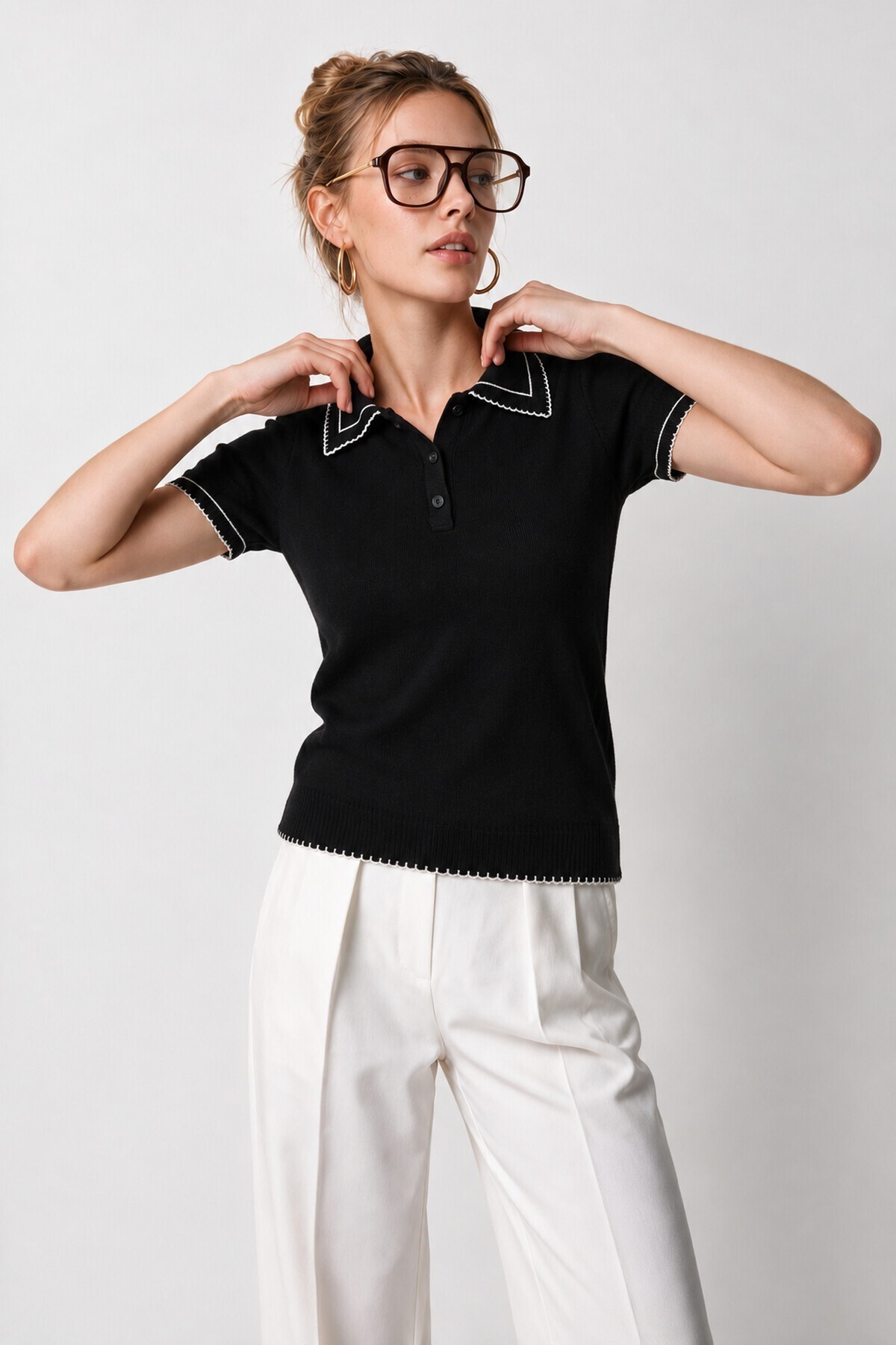 Kontrast Şeritli Polo Yaka Triko Bluz 4342 SİYAH LKİ0053