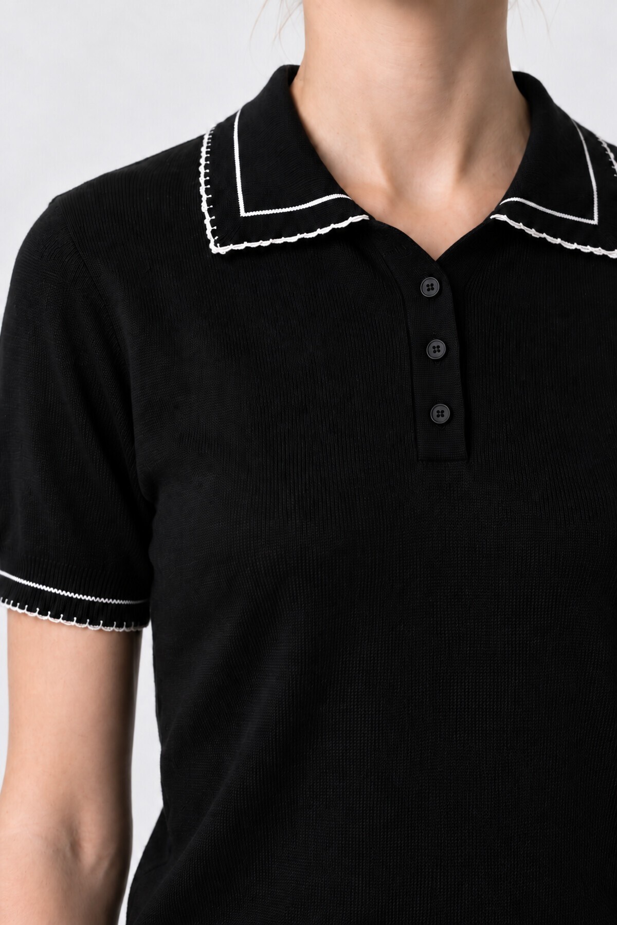Kontrast Şeritli Polo Yaka Triko Bluz 4342 SİYAH LKİ0053