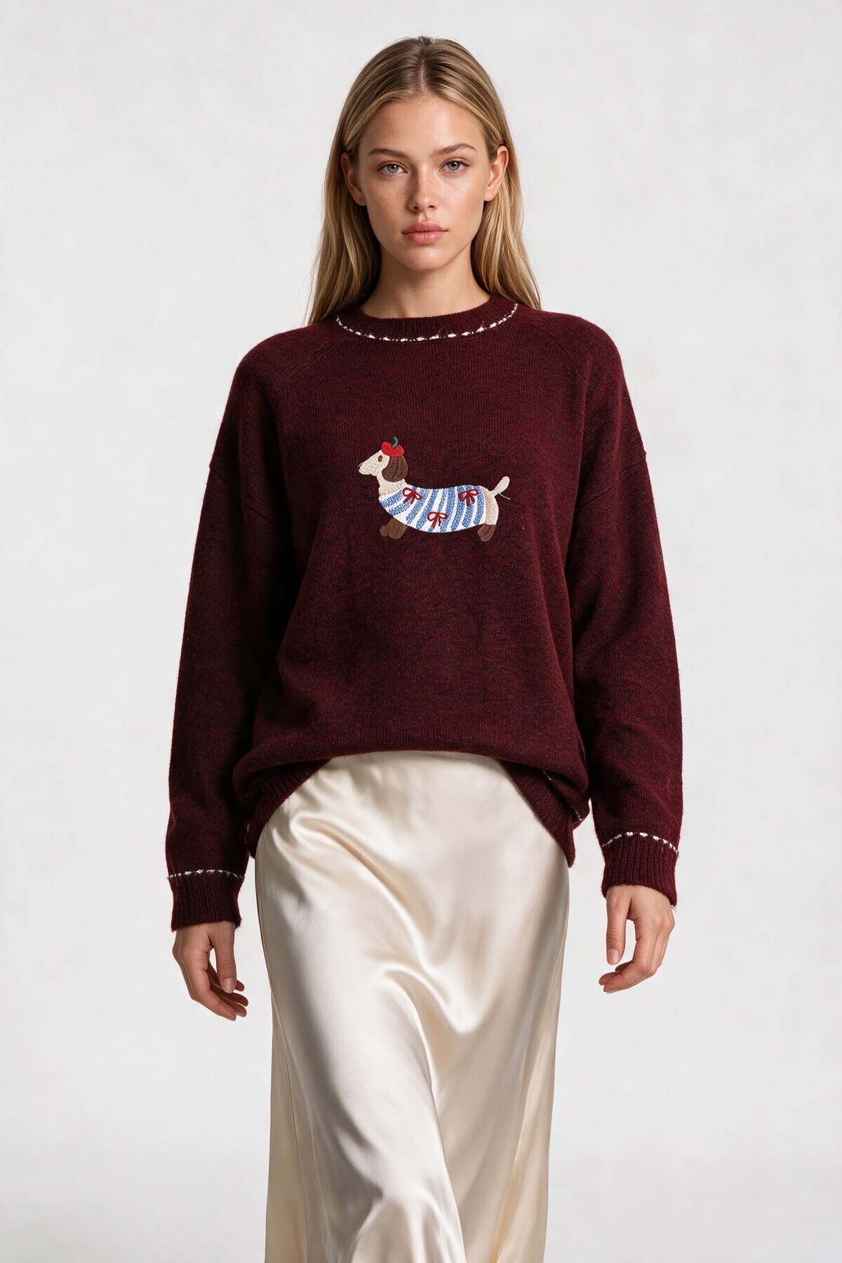 Nakış İşlemeli Oversize Triko Kazak BORDO LYY0150