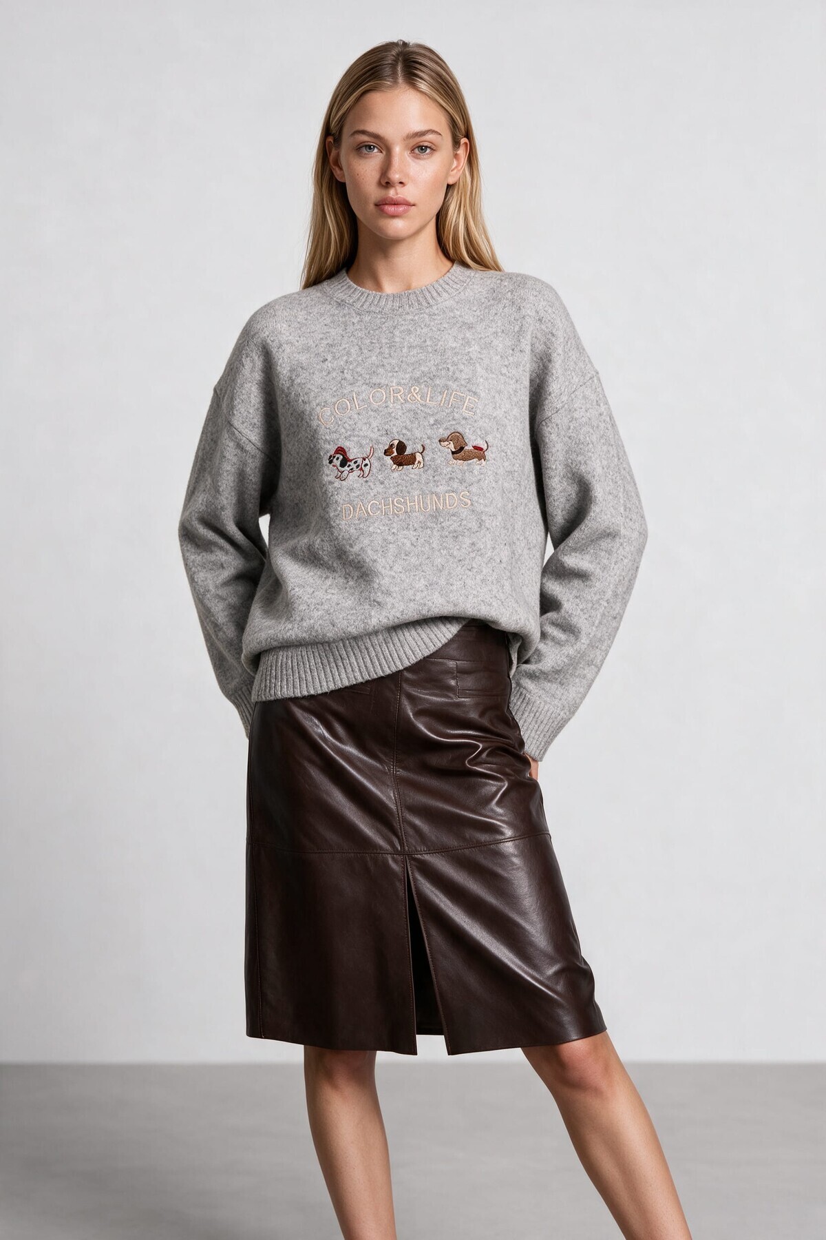 Nakış İşlemeli Oversize Triko Kazak GRİ LYY0149