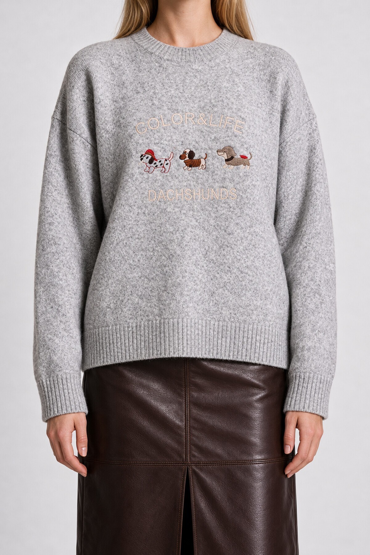 Nakış İşlemeli Oversize Triko Kazak GRİ LYY0149