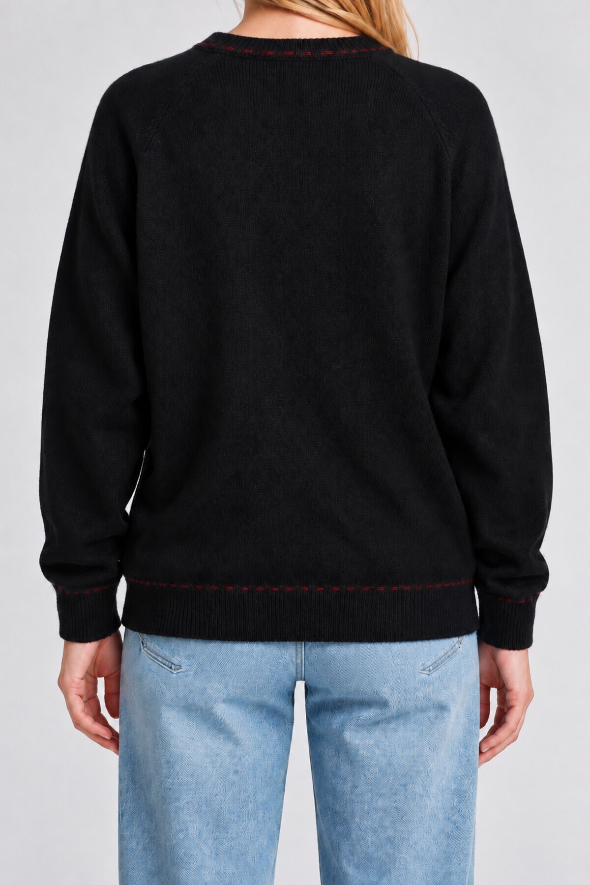 Nakış İşlemeli Oversize Triko Kazak SİYAH LYY0150