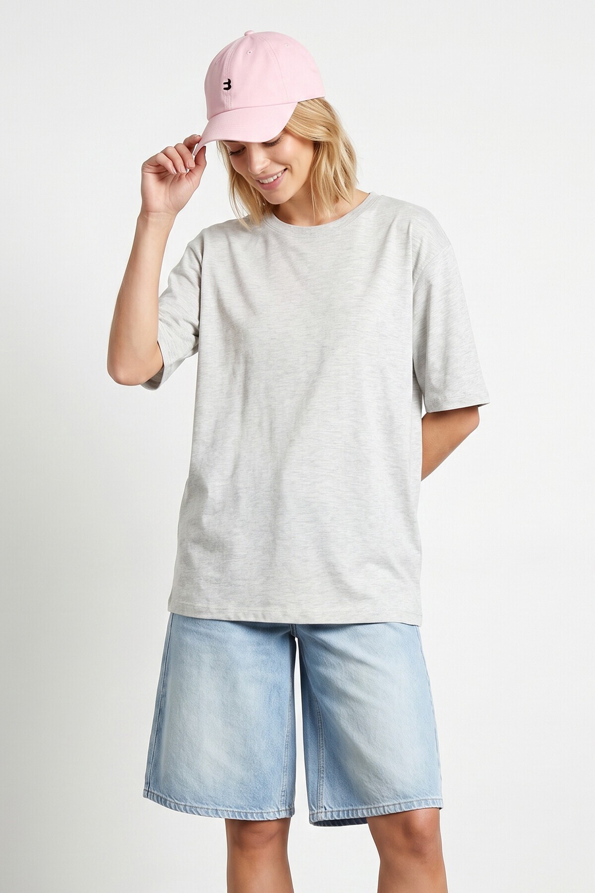 Oversize Basic Fitilli Modal T-shirt GRİ MELANJ LUB0361