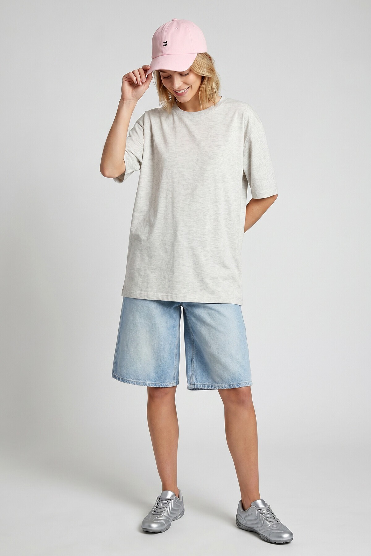 Oversize Basic Fitilli Modal T-shirt GRİ MELANJ LUB0361