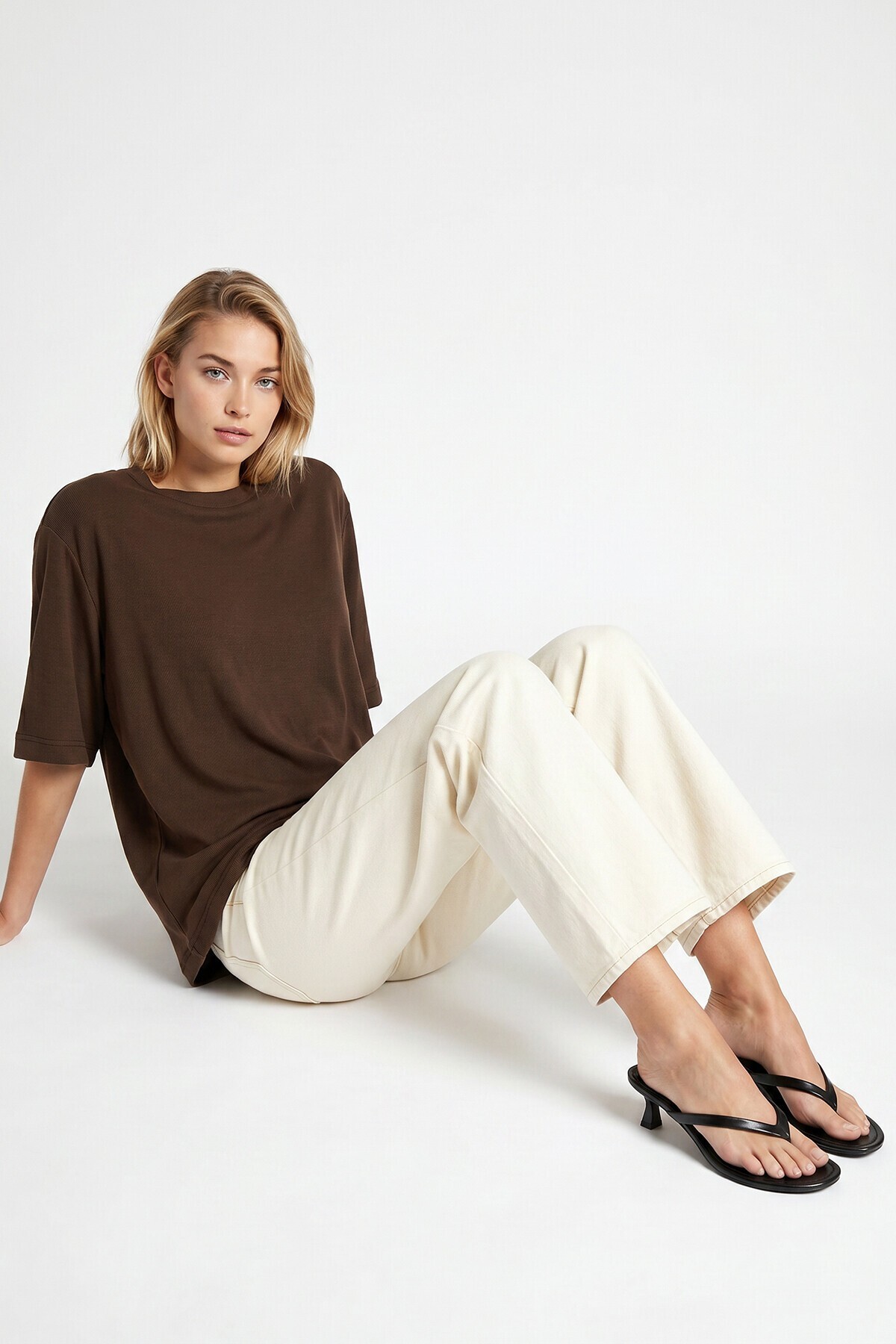 Oversize Basic Fitilli Modal T-shirt KAHVERENGİ LUB0361