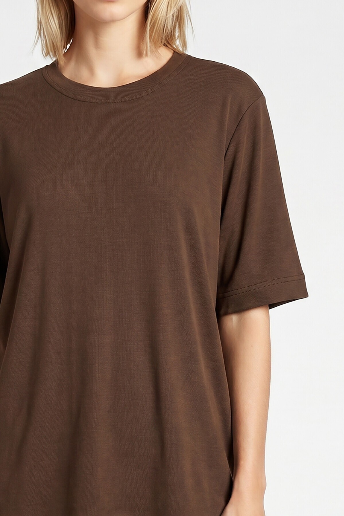 Oversize Basic Fitilli Modal T-shirt KAHVERENGİ LUB0361