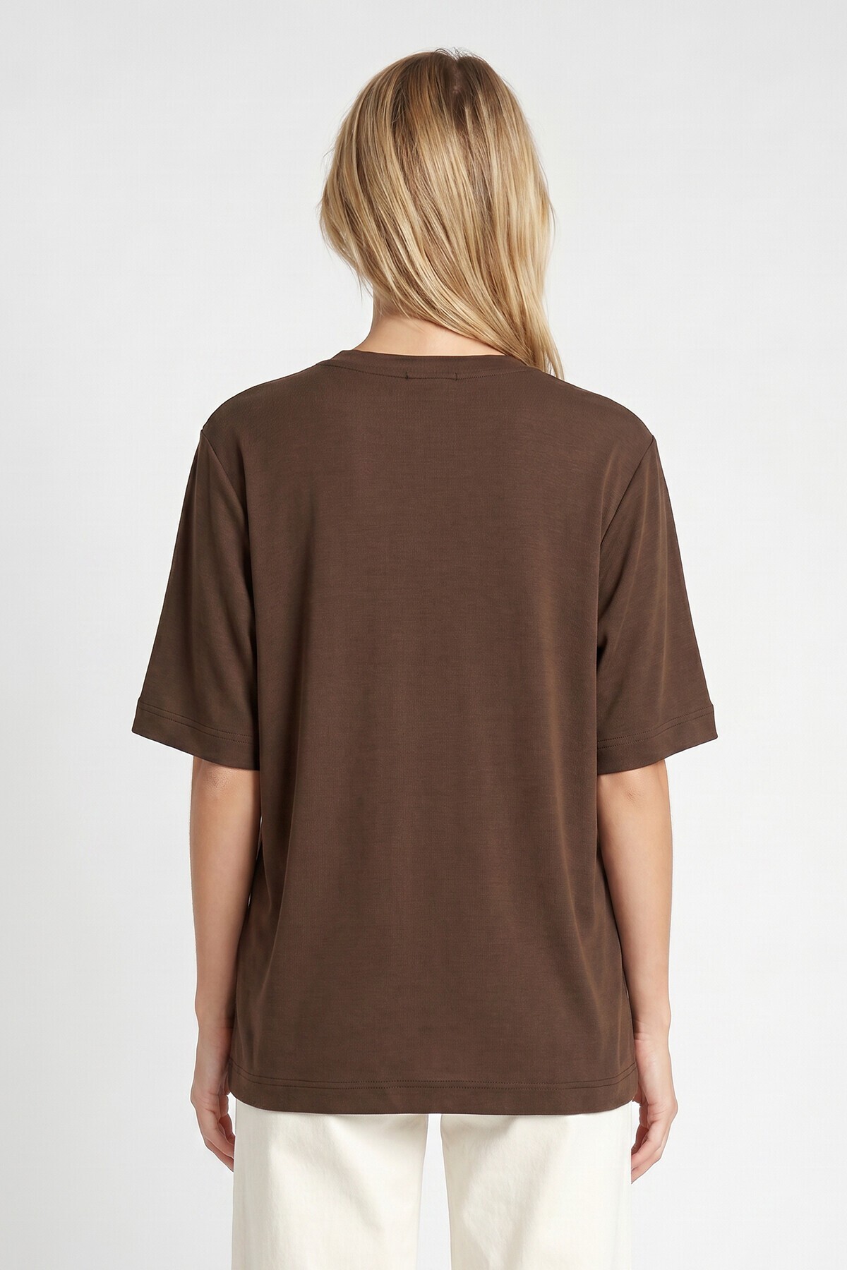 Oversize Basic Fitilli Modal T-shirt KAHVERENGİ LUB0361