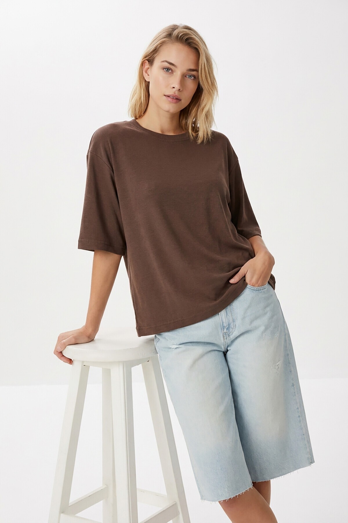 Oversize Basic Fitilli Modal T-shirt VİZON LUB0361