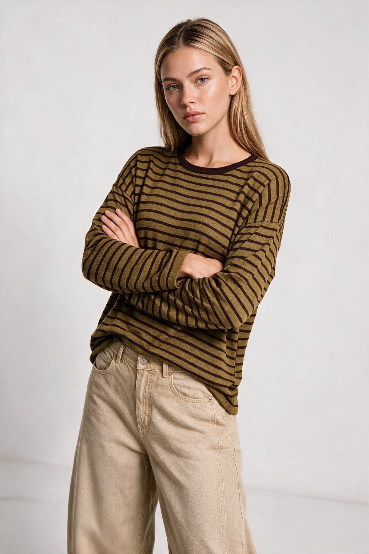 Oversize Çizgili Mevsimlik Kazak 4446 HAKİ KAHVERENGİ LKİ0077