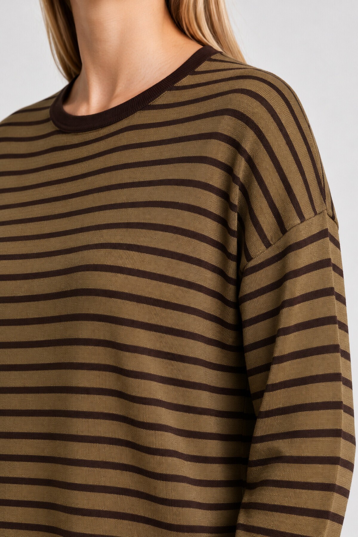 Oversize Çizgili Mevsimlik Kazak 4446 HAKİ KAHVERENGİ LKİ0077